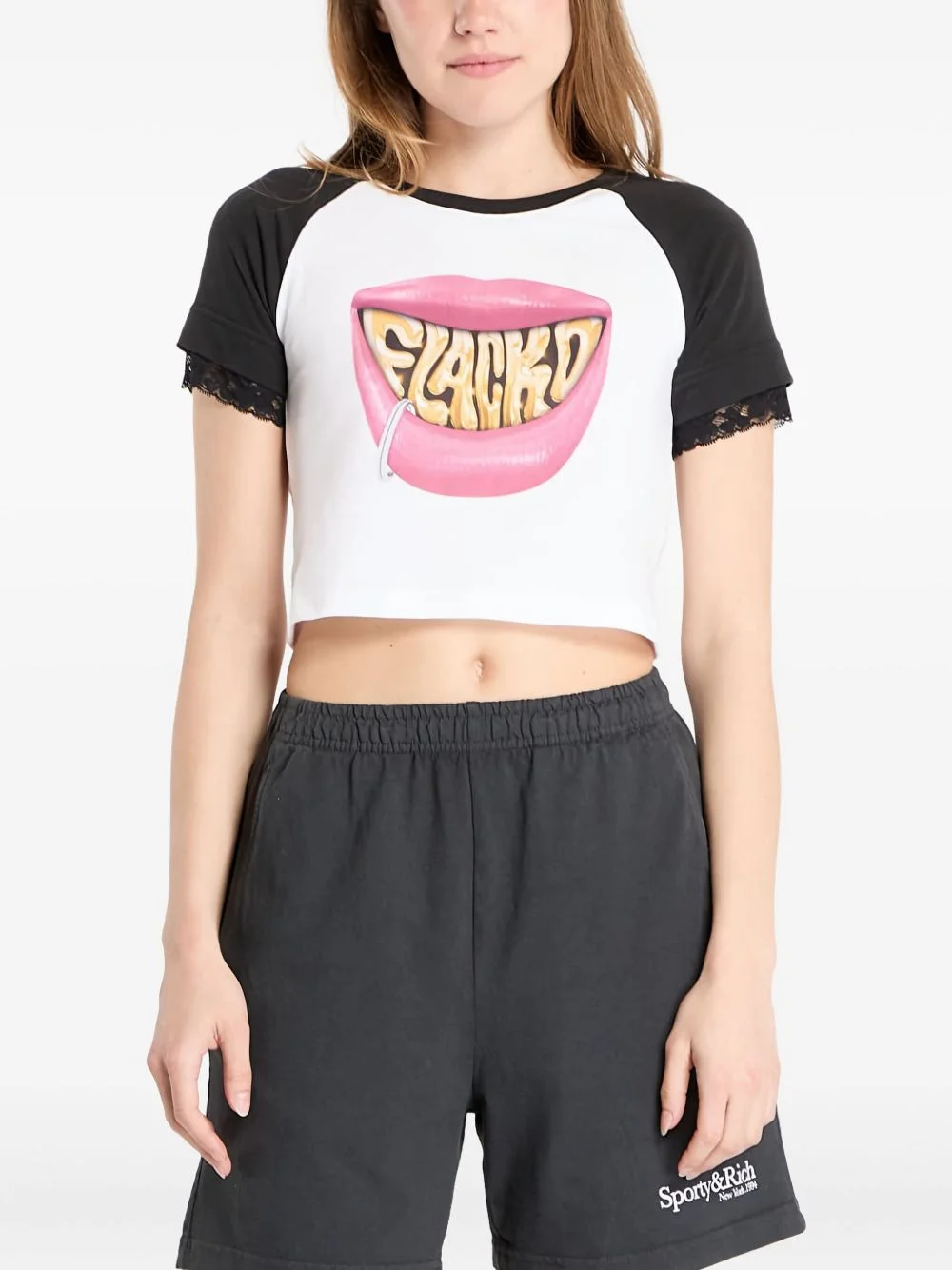 lace-trim graphic-print T-shirt - 1