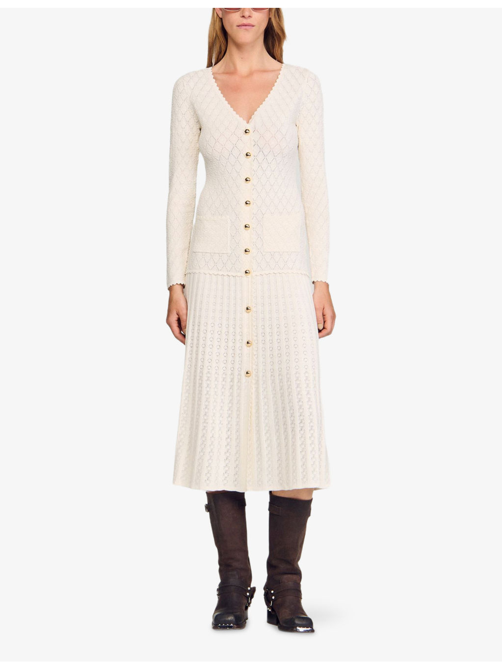 Long-Sleeve Flared Open-Knit Maxi Dress - 2