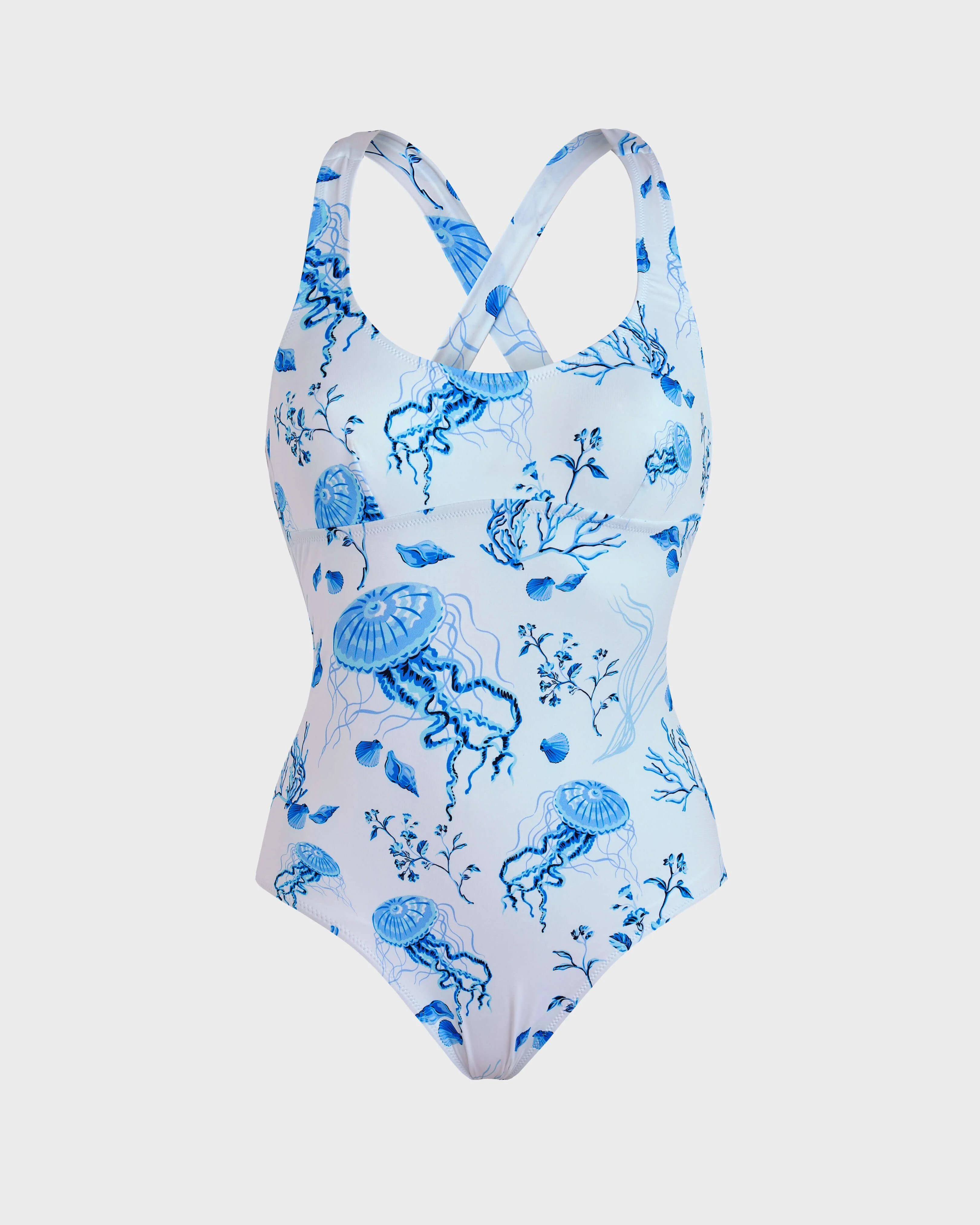 Women Crossed Back Straps One-piece Swimsuit Medusa and Shells - 1