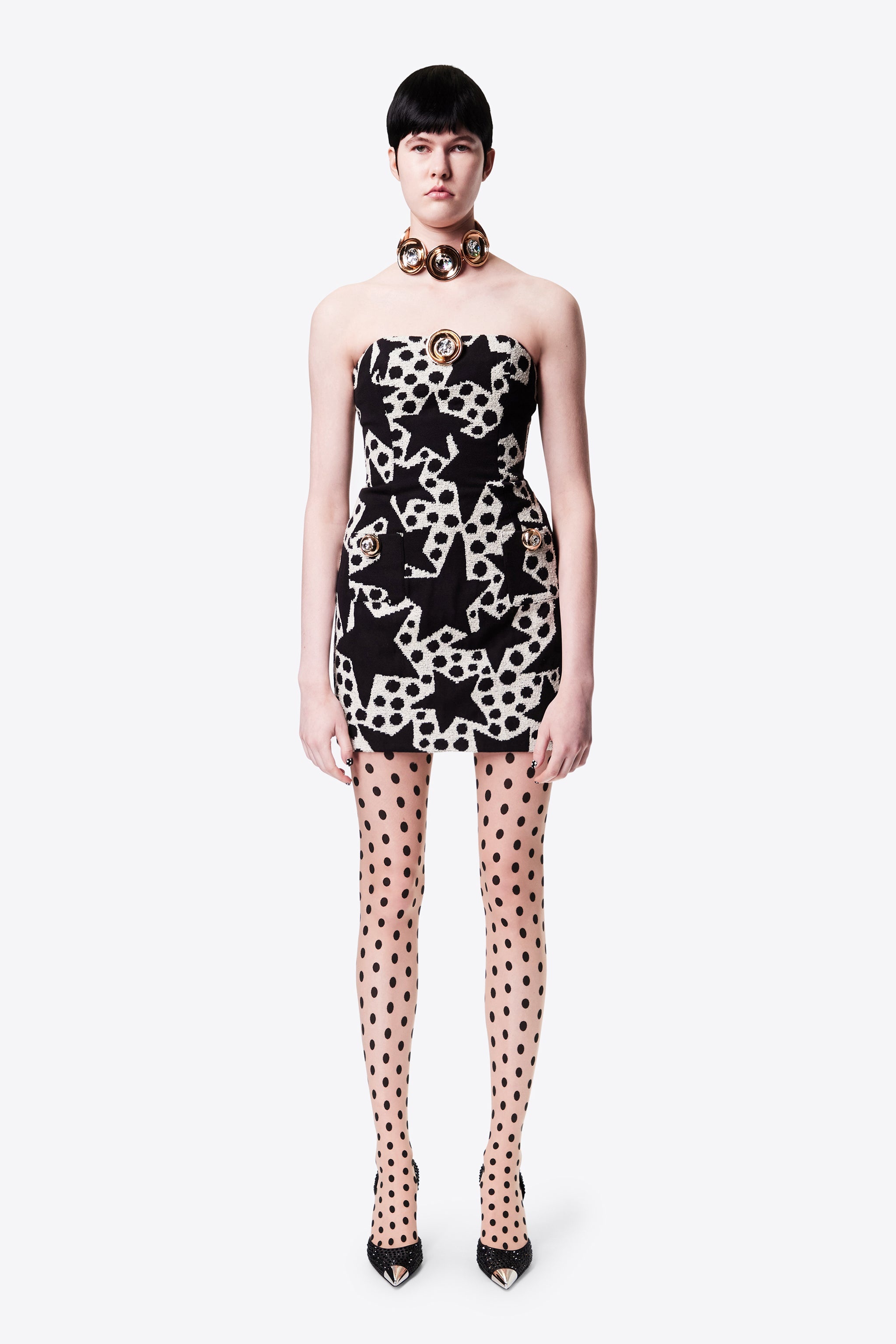 CRYSTAL MEDALLION STRAPLESS MINI DRESS - 4