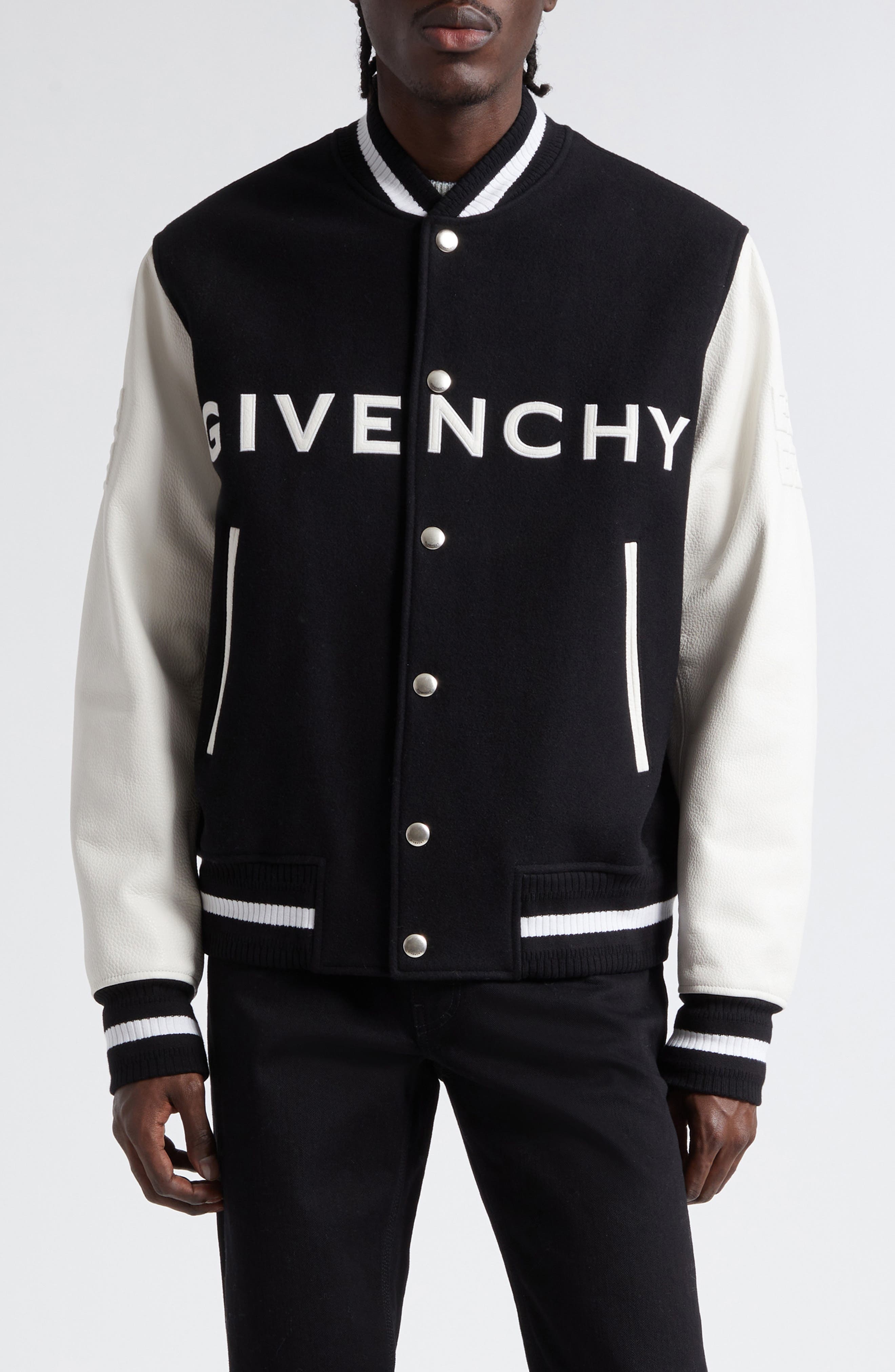 Givenchy Embroidered Logo Mixed Media Leather & Wool Blend Varsity Jacket in Black/White at Nordstro - 1
