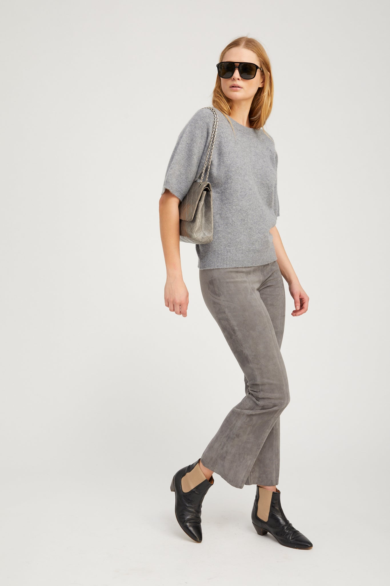 GREY SUEDE ANKLE FLARE PANTS WITH PRINCESS SEAMS - 3