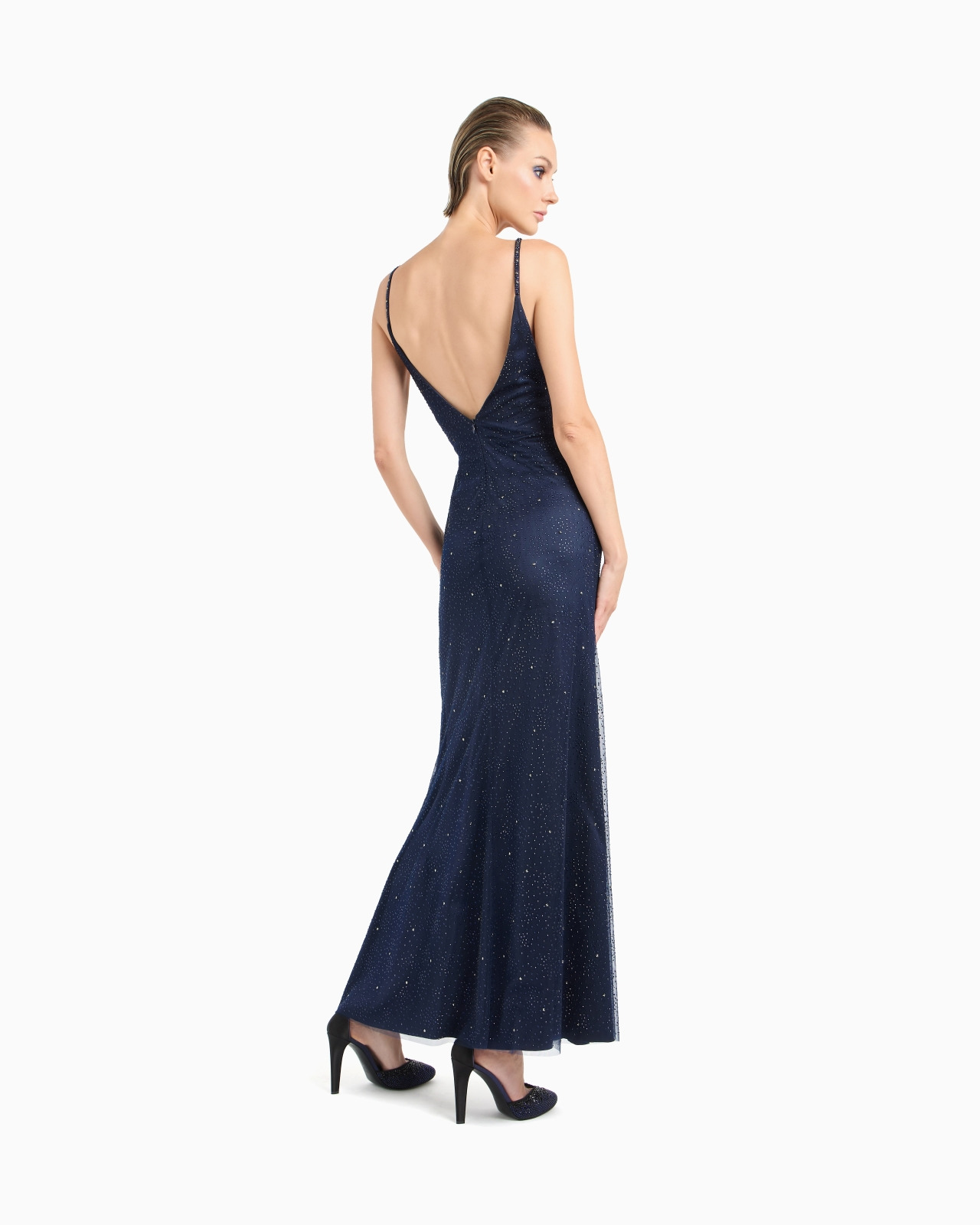 SILK BLEND LONG DRESS WITH RHINESTONE EMBROIDERY - 3