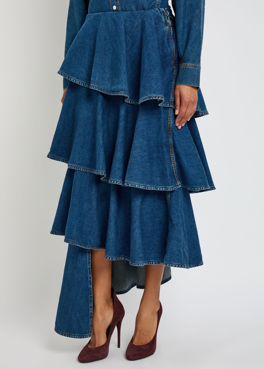 Alaïa Spiral Asymmetric Tiered Denim Midi Skirt - 2