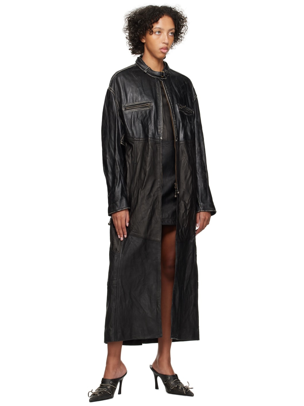 Black Patchwork Leather Coat - 4