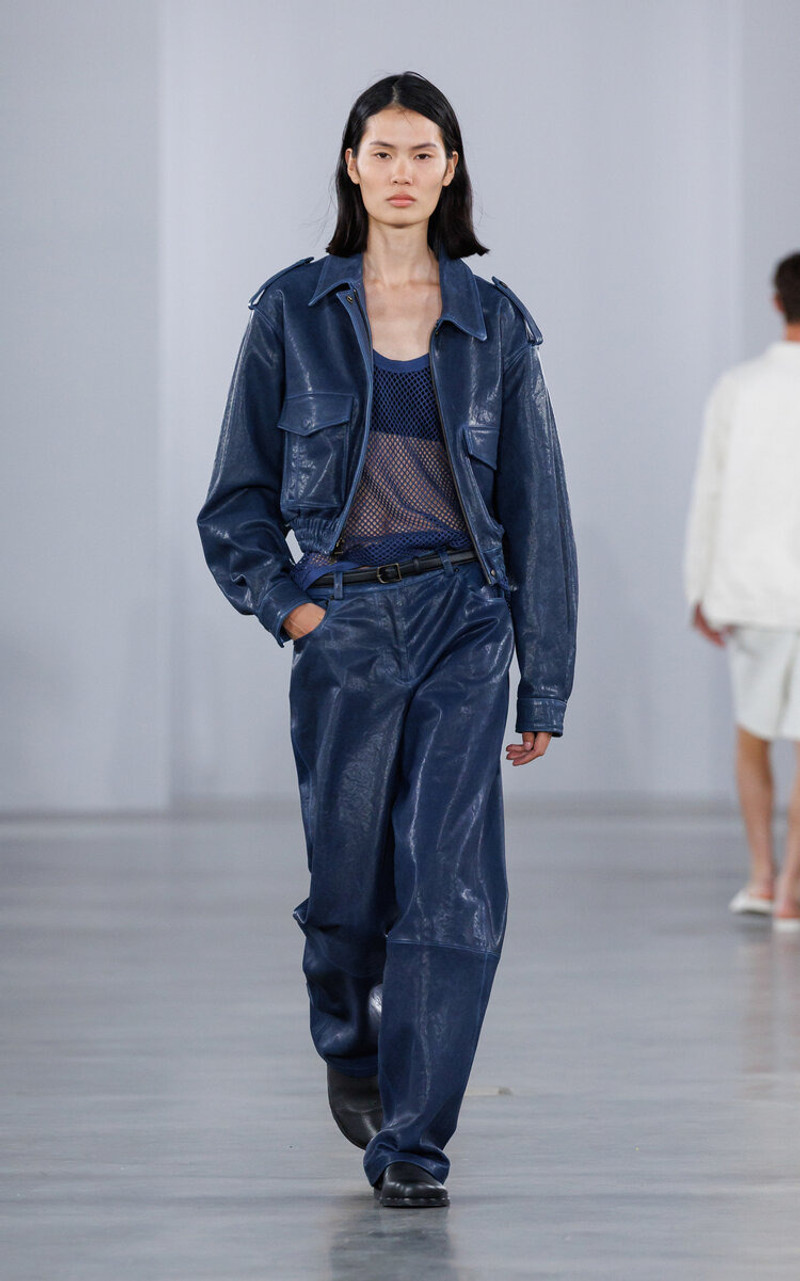 SIMKHAI Roland Leather Cropped Jacket blue outlook