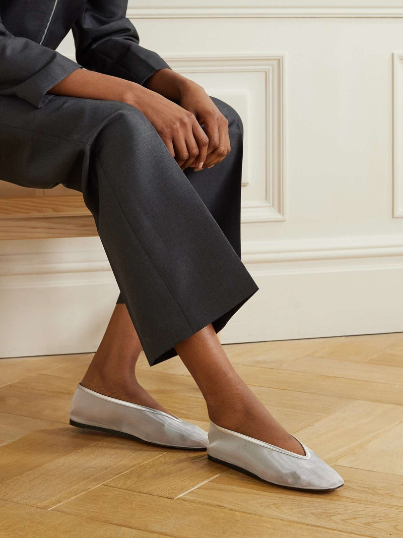 LE MONDE BÉRYL Luna metallic leather-trimmed mesh ballet flats Silver outlook