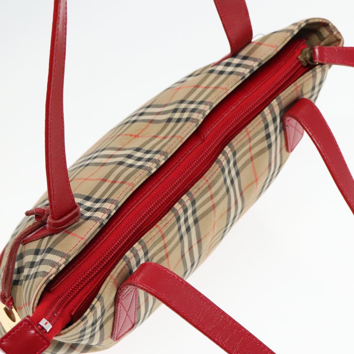 Burberry Nova Check Hand Bag Canvas Leather Beige Red Gold - 6
