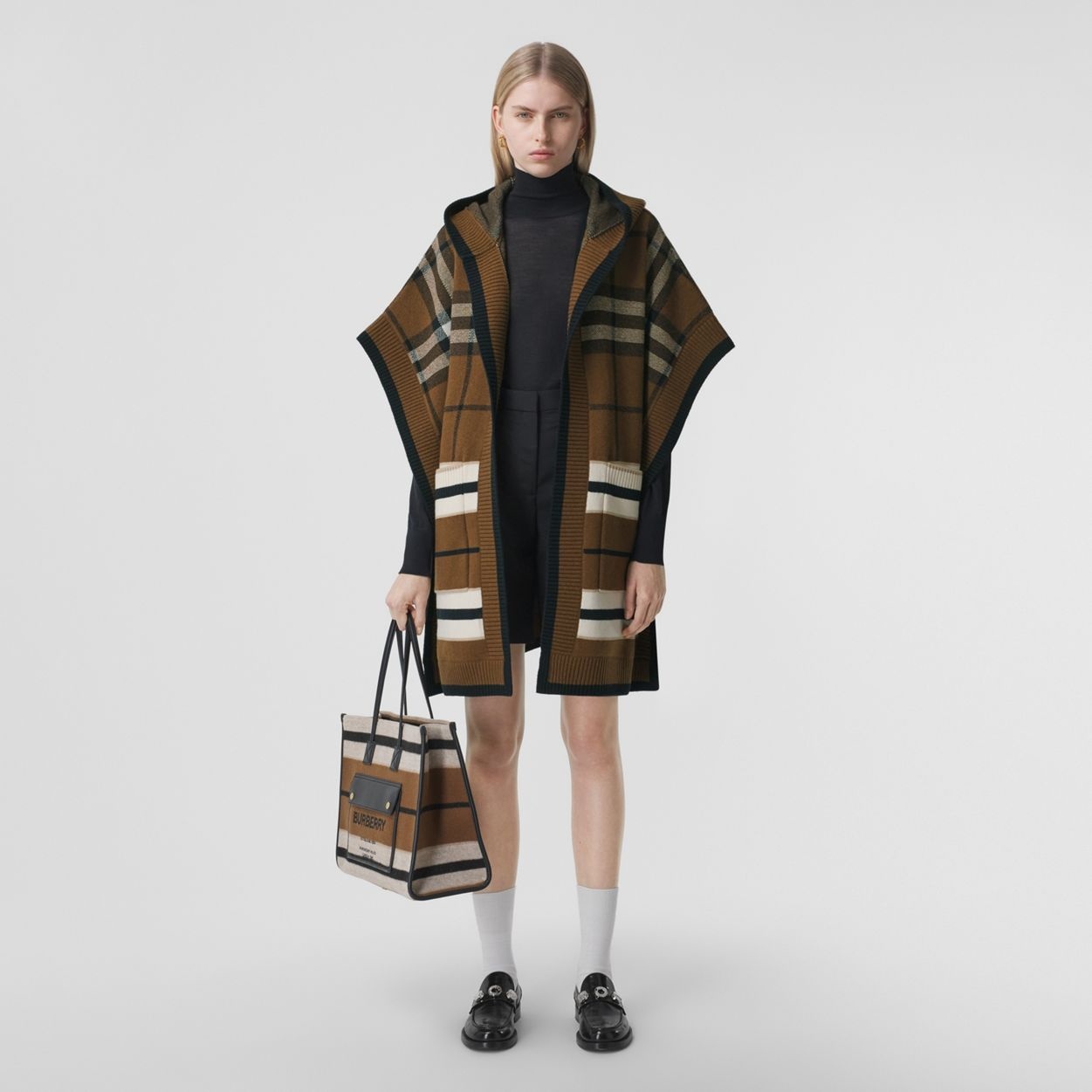 Check Wool Cashmere Blend Hooded Cape - 3