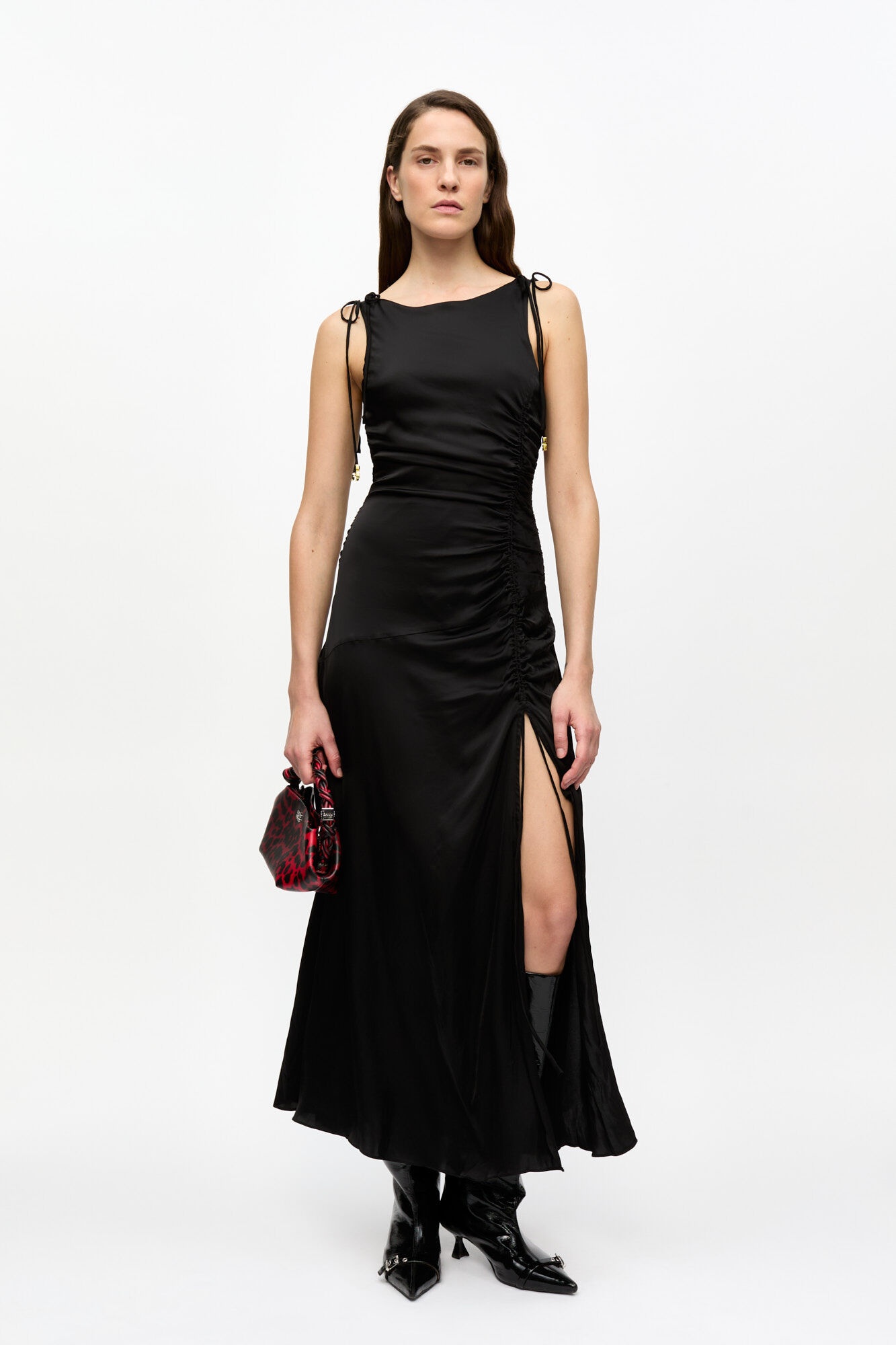 BLACK SATIN GATHERED DRESS - 2