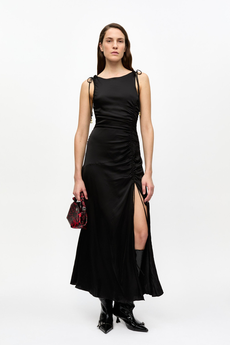 GANNI BLACK SATIN GATHERED DRESS outlook