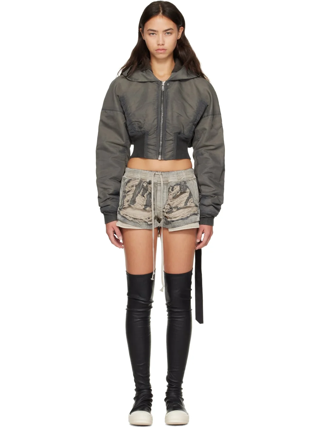 Gray Tower Hooded Cropped Flight Jacket - 1