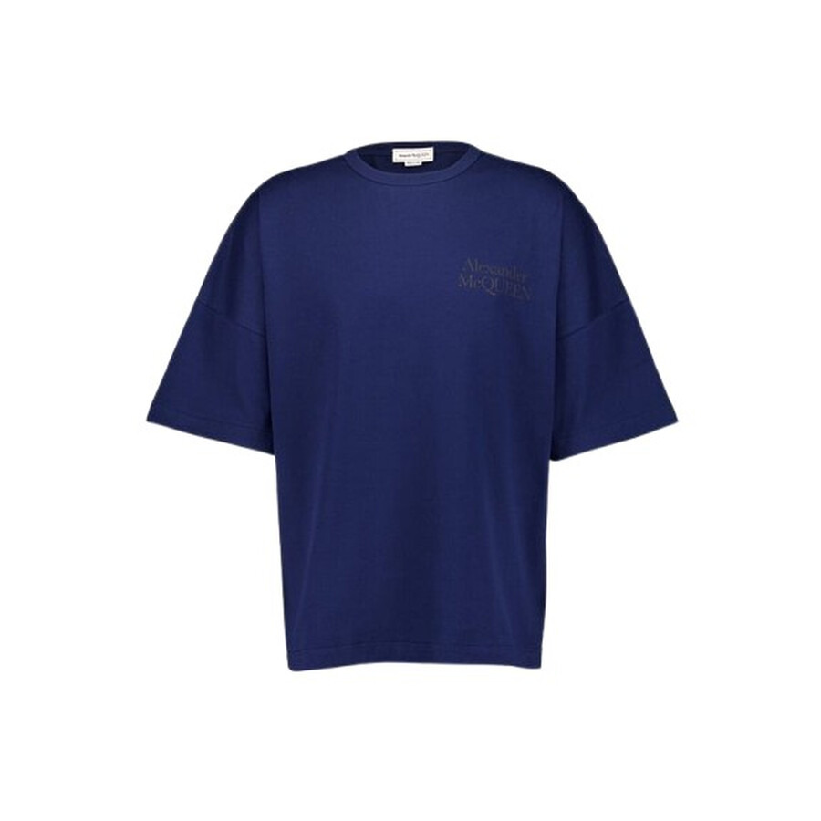 Alexander Mcqueen Men's Midnight Blue / Tonal Logo-Print Cotton T-Shirt - 5
