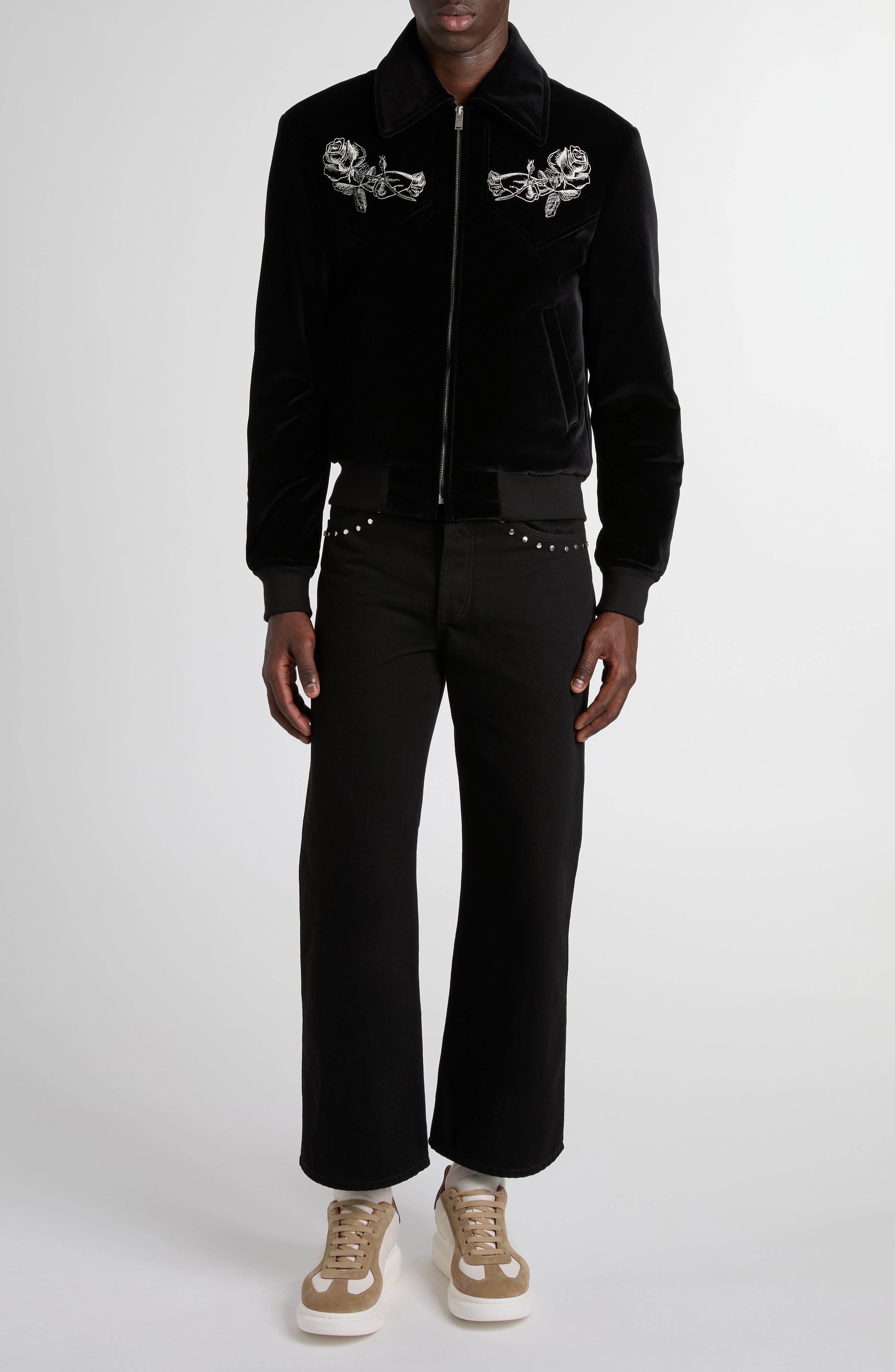 McQueen Soho Embroidered Velveteen Bomber Jacket in Black at Nordstrom - 1