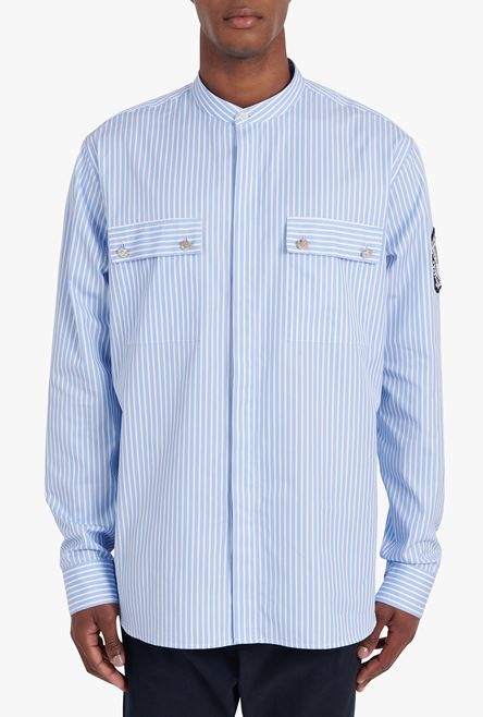 Striped pale blue cotton shirt with embroidered Balmain badge - 5
