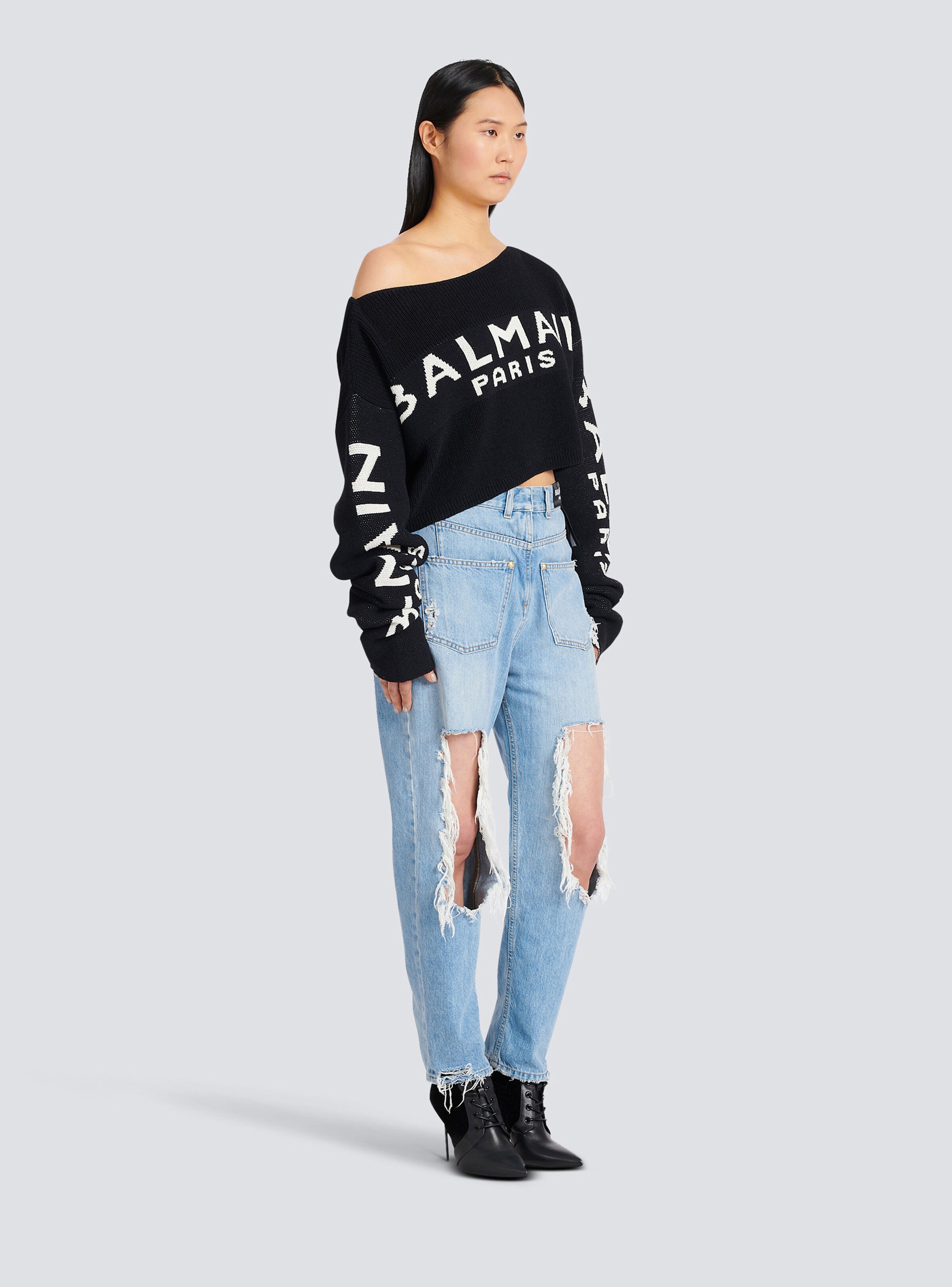 Cropped knit sweater with graffiti Balmain logo print - 5