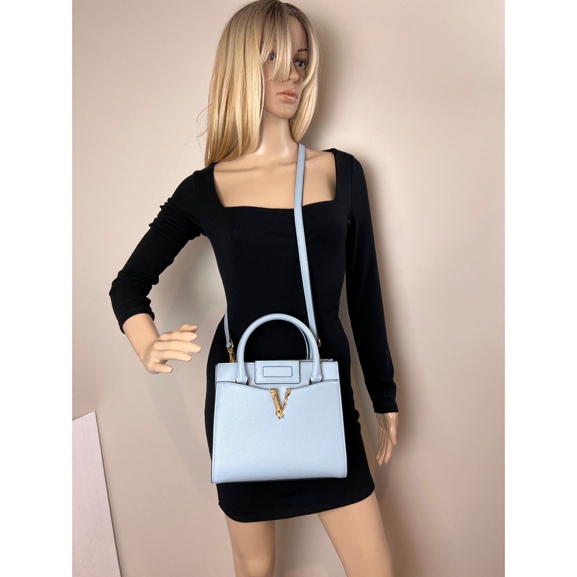 Versace nVirtus Top Handle Grained Calfskin Light Blue Tote - 6