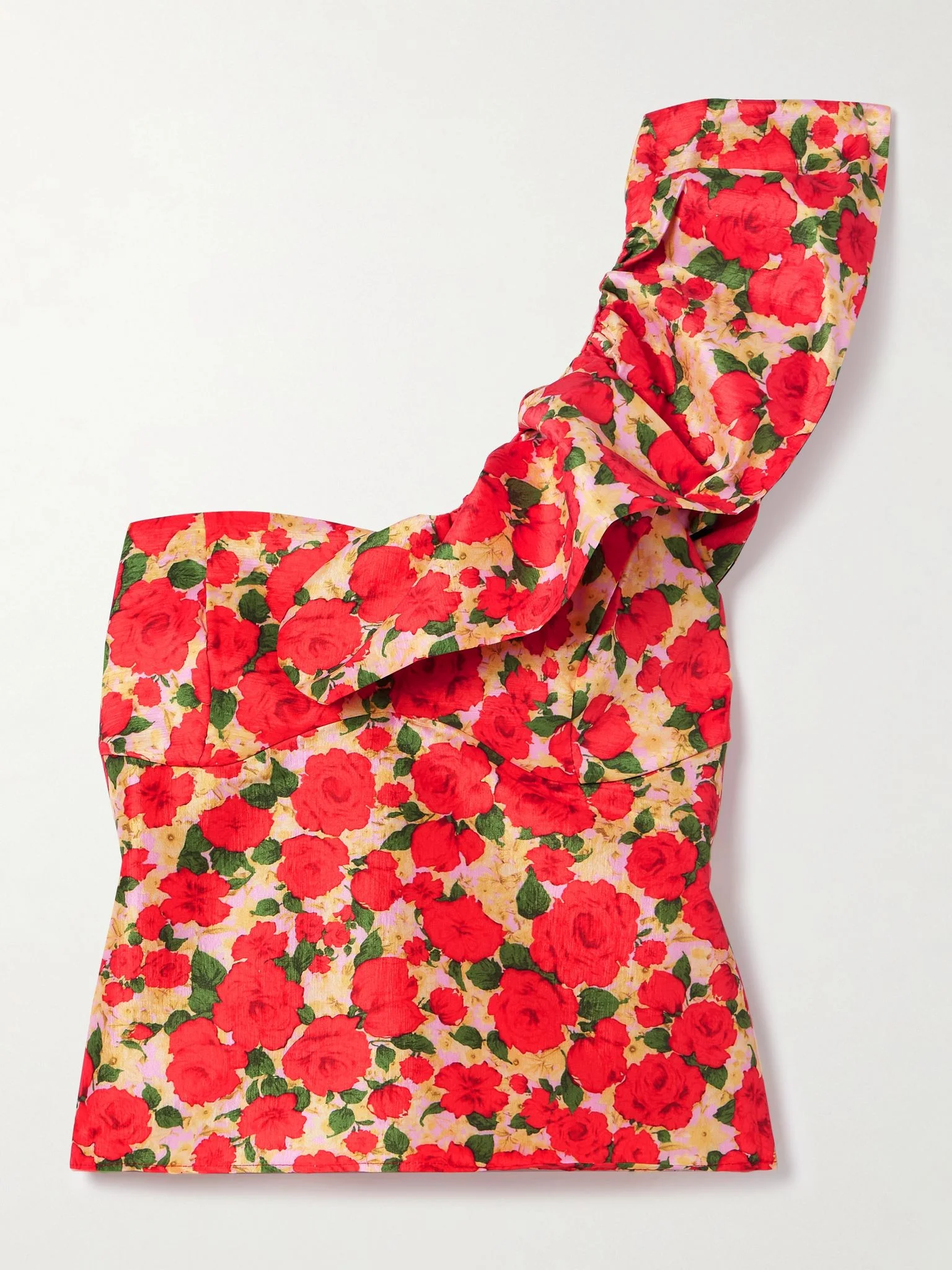 Yazmeen one-shoulder ruffled floral-print taffeta top Red - 1