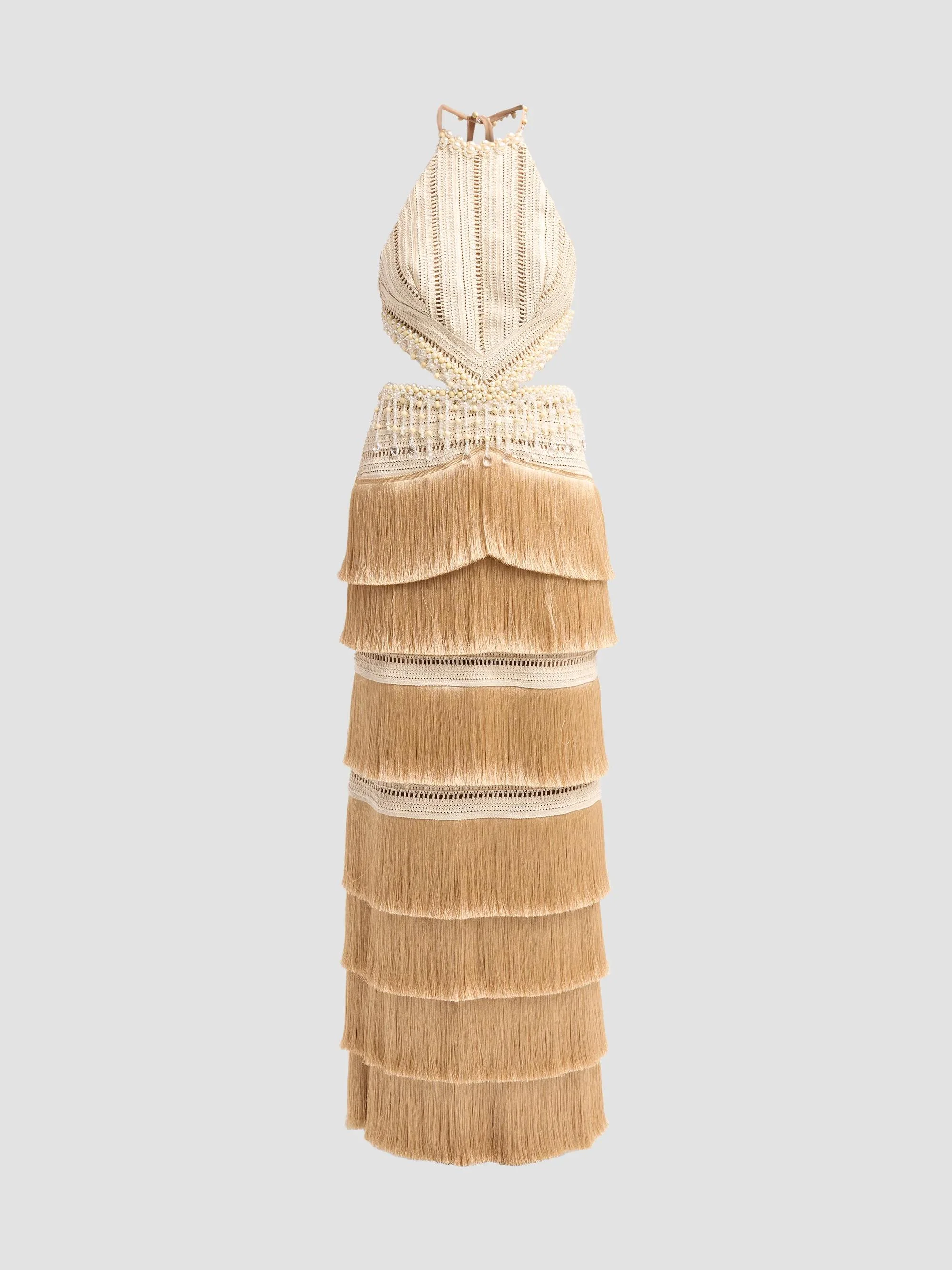 Women's Crochet Petal-Fringe Halterneck Maxi Dress - Beige - 1