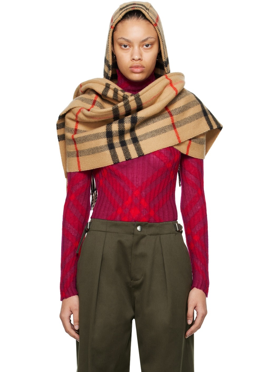 Burberry Beige Check Wool Cashmere Hooded Scarf