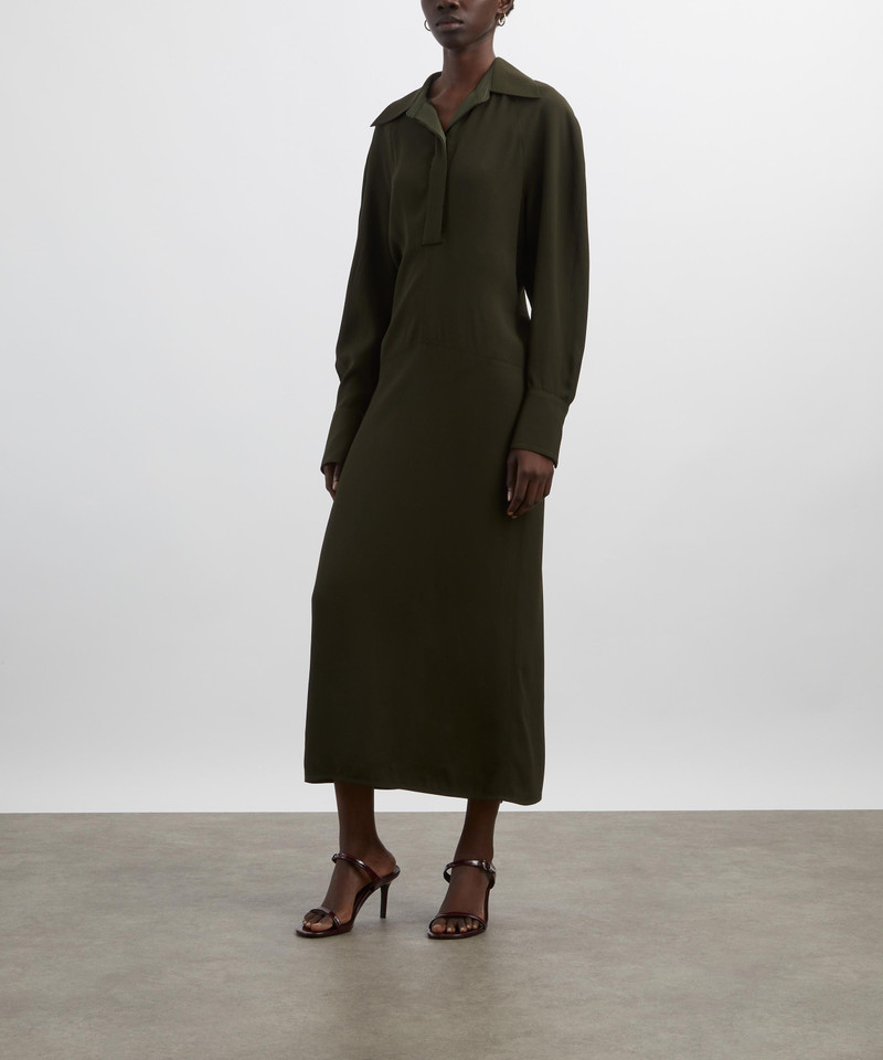 Victoria Beckham Dark Olive Long Sleeve Polo Collar Midi Dress outlook