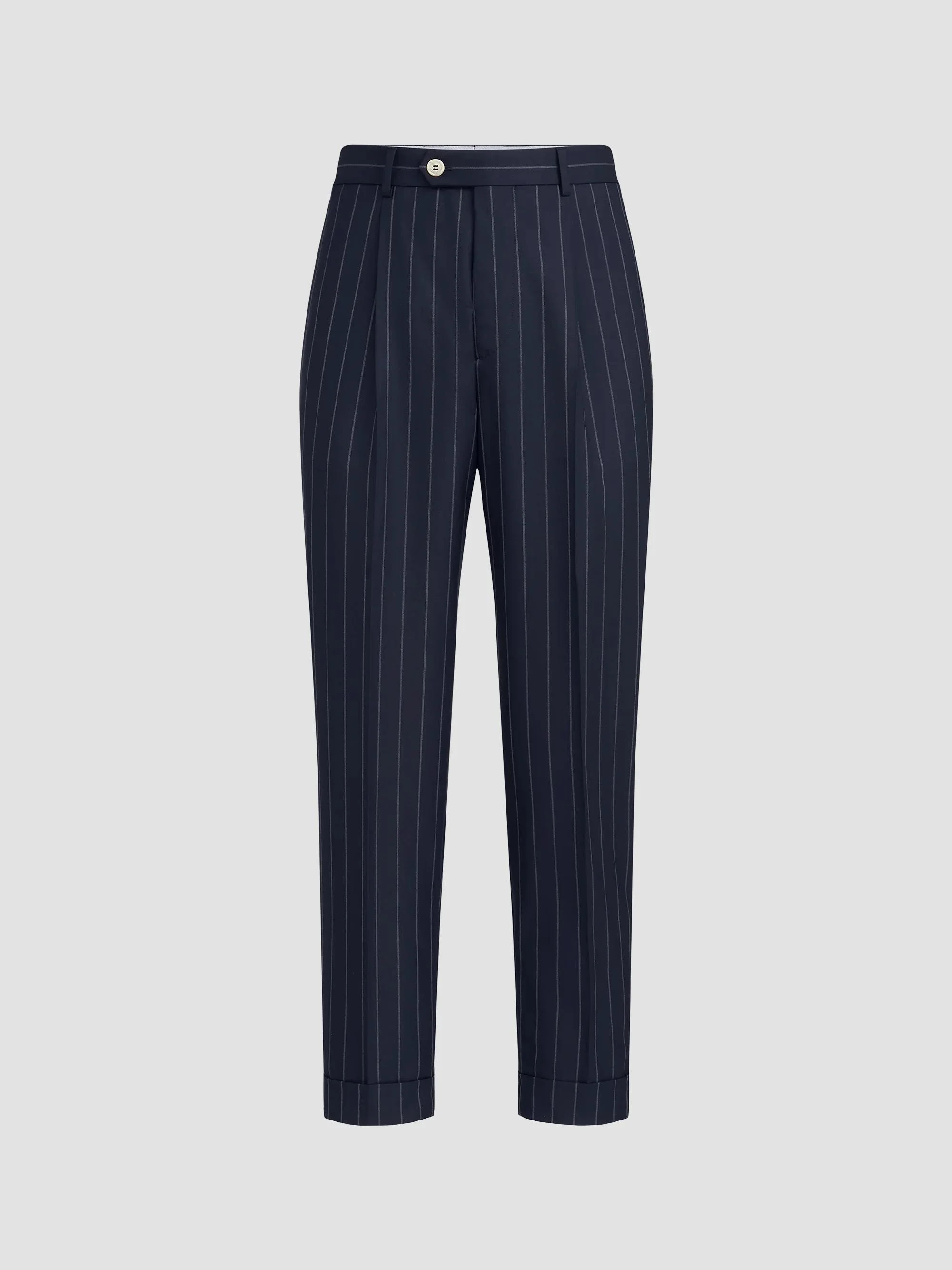 Men's Super 150s Virgin Wool Wide Chalk Stripe Batavia Trousers with Pleats - Blue - 1