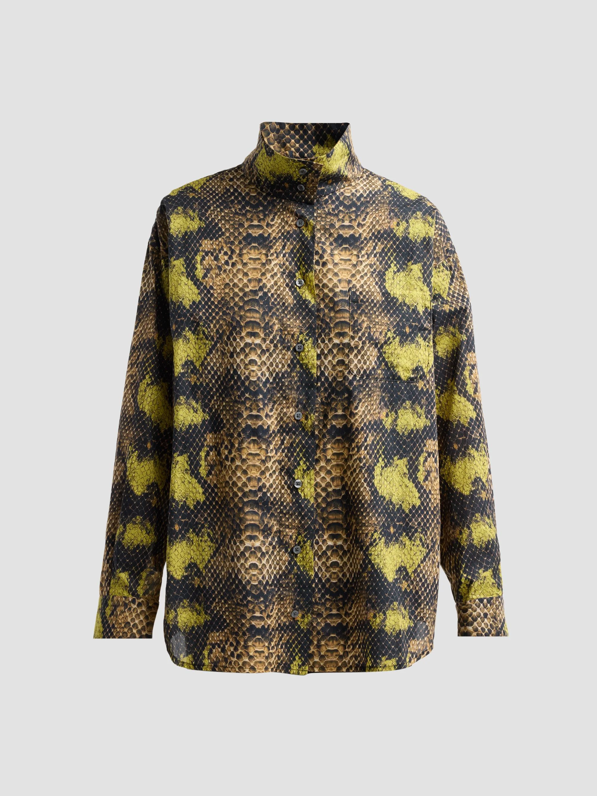 Women's Tall Collar Boyfriend Button-Up Overshirt - Brown Green Snake - 1