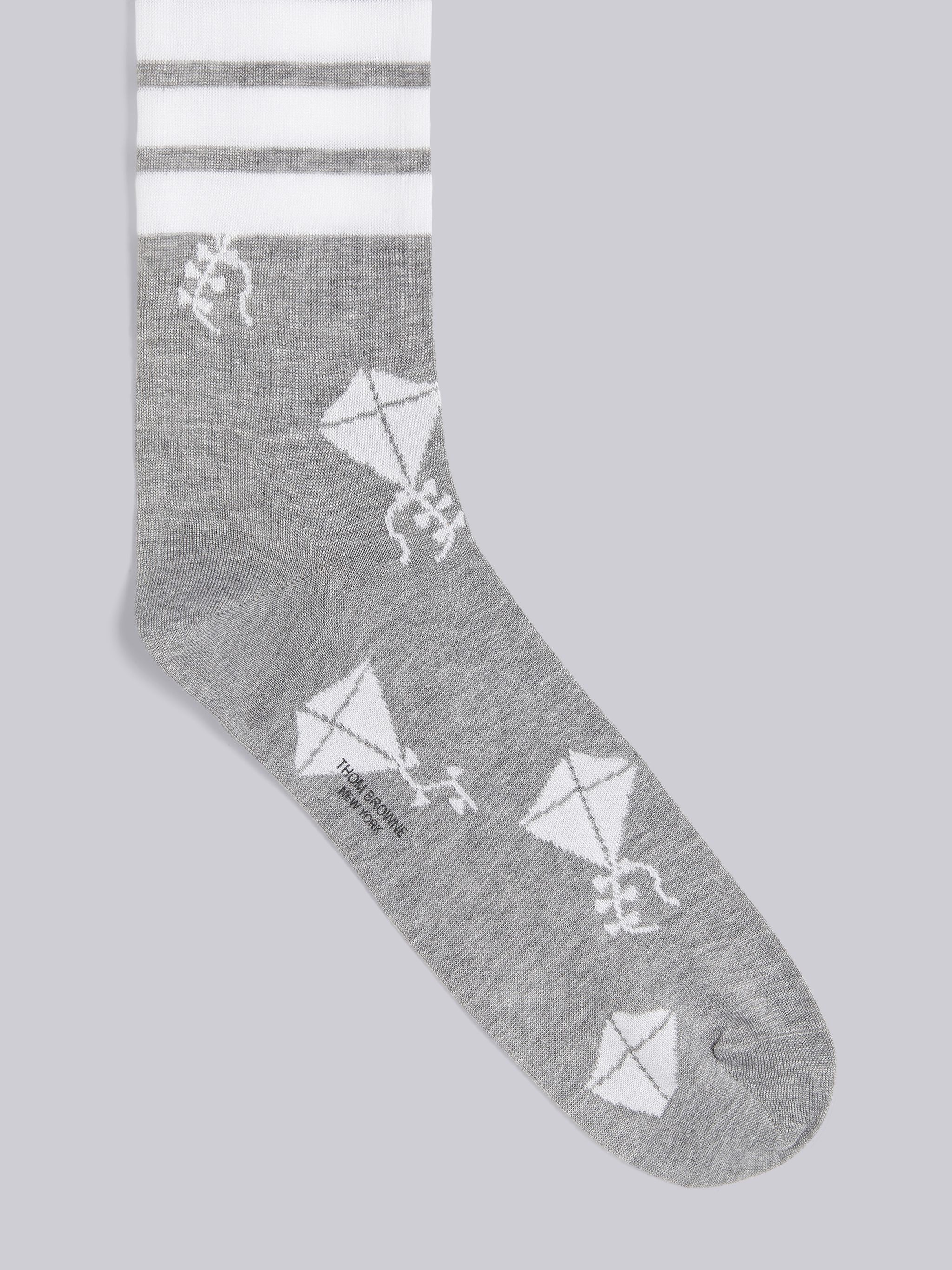 Light Grey Mercerized Cotton Half Drop Kite Icon 4-Bar Socks - 2