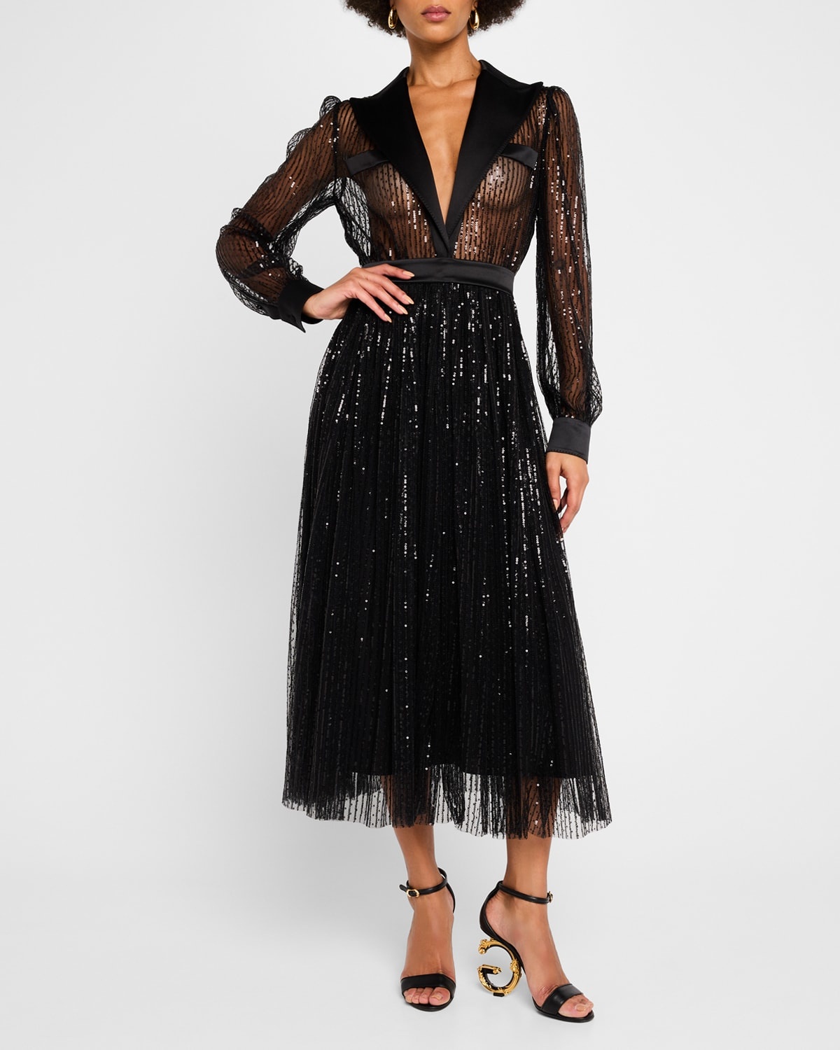 Sheer Sequined Midi Dress - 4