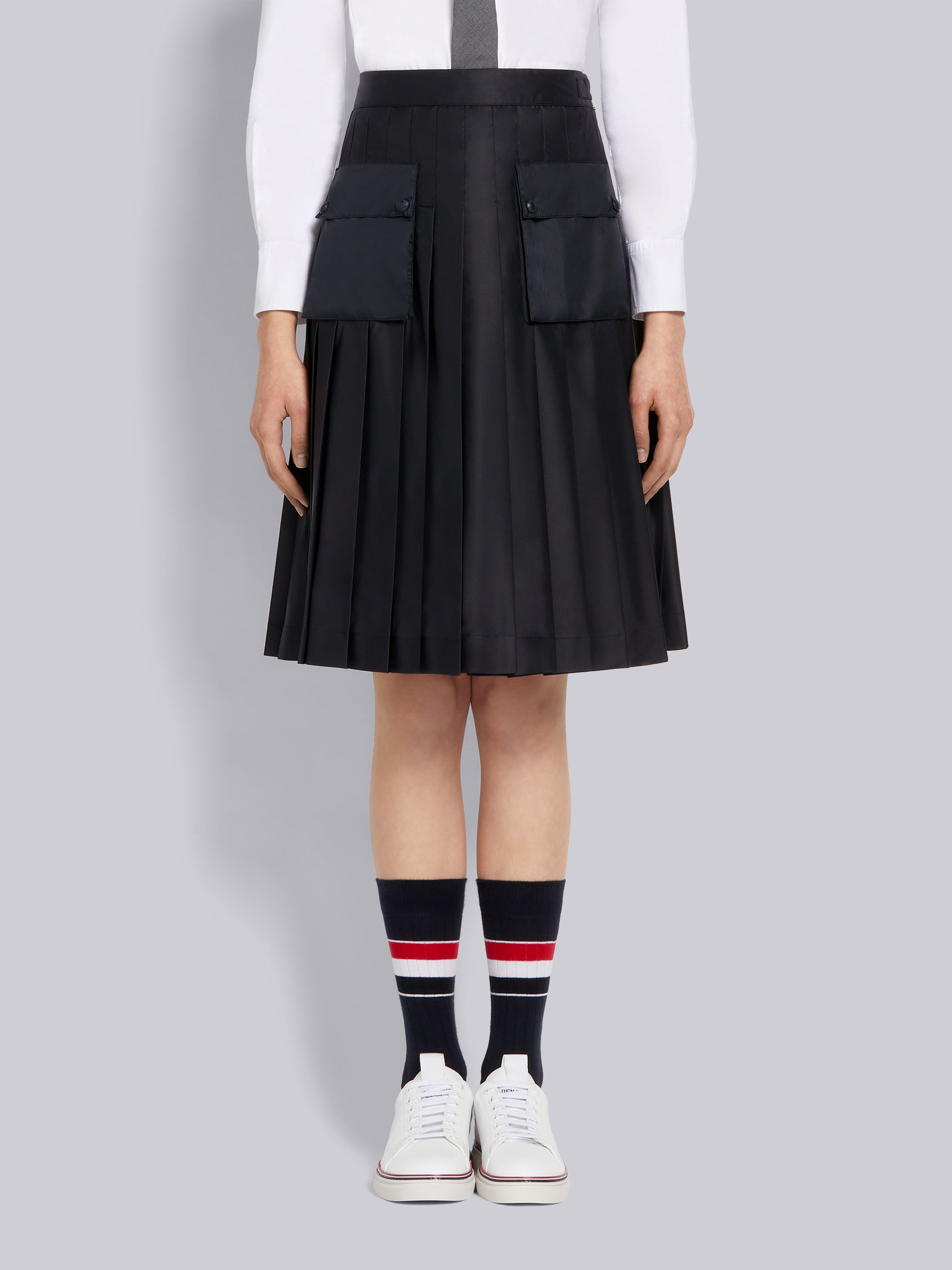 Navy Sheer Ripstop Cargo Pocket Knee Length Pleated Skirt - 1