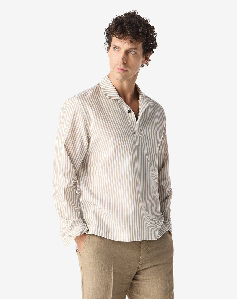 CORNELIANI White cotton and linen shirt with green stripes outlook