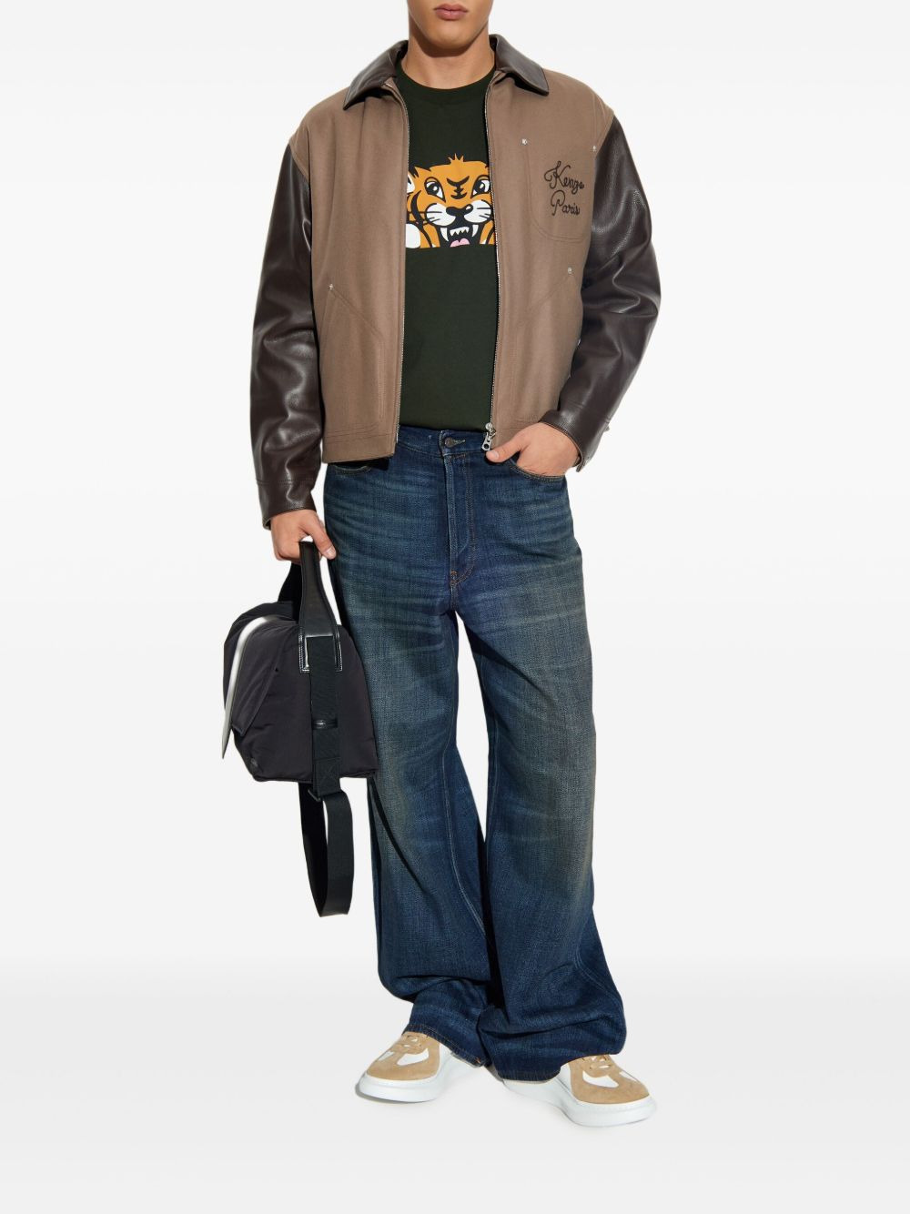 embroidered leather-sleeves jacket - 2