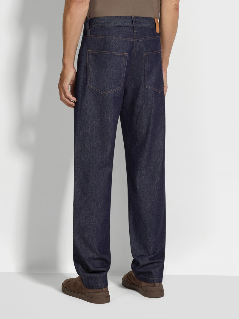 DARK BLUE RINSE-WASHED COTTON AND SILK ROCCIA JEANS 6