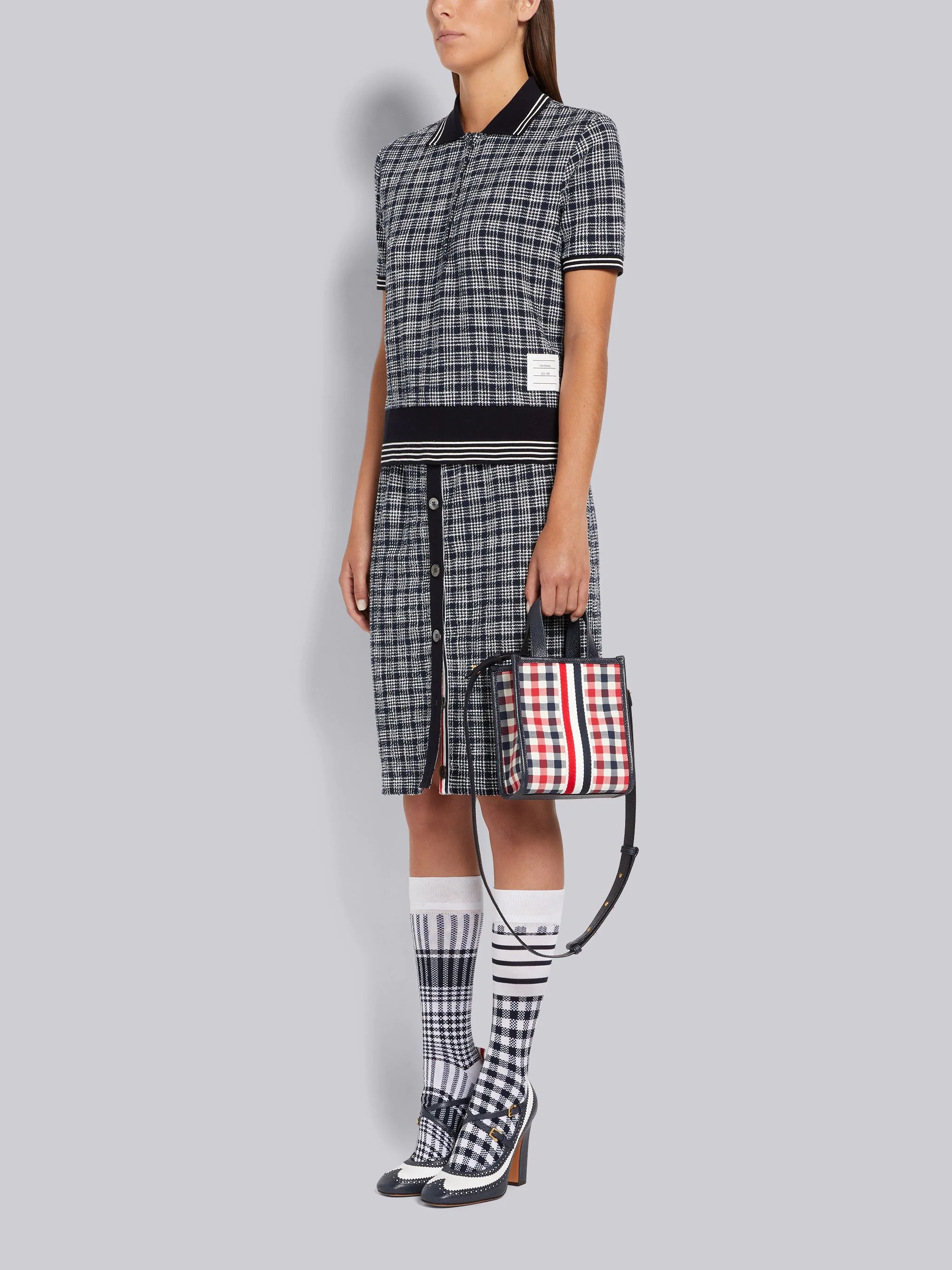 Multicolor Gingham Wool Seersucker Webbing Stripe Shoulder Strap Mini Tote - 6
