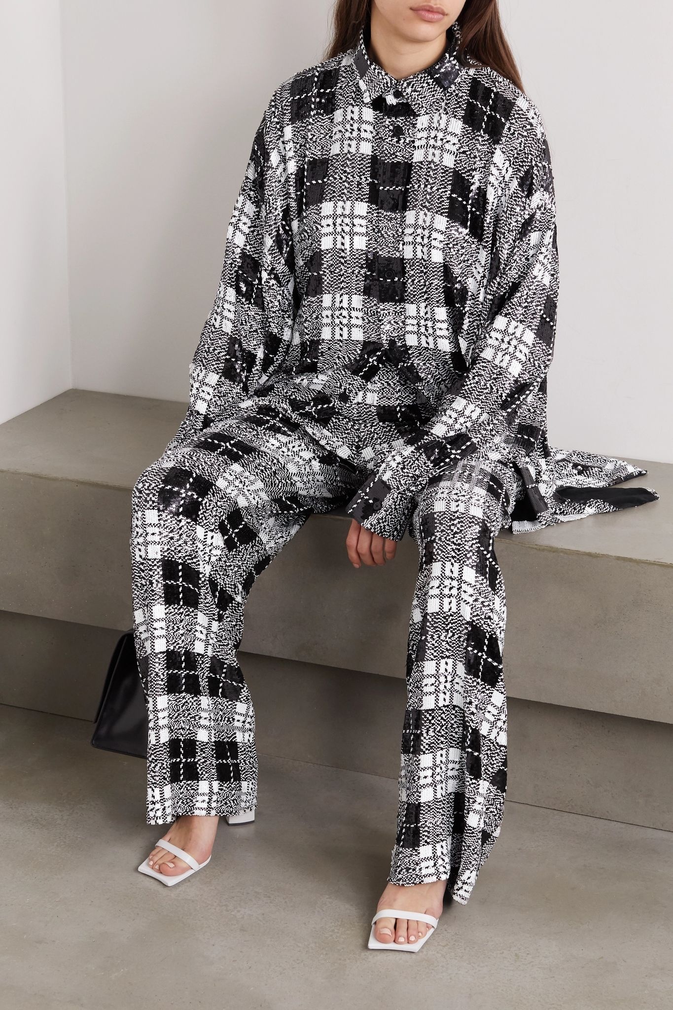 Oversized checked sequined tulle shirt - 2