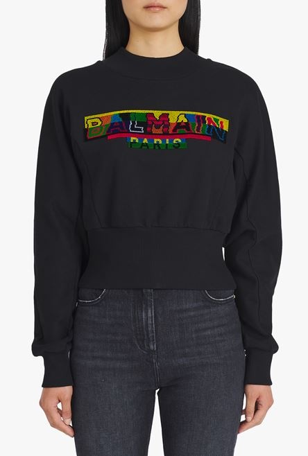 Cropped black eco-designed cotton sweatshirt with pixel Balmain logo - 5