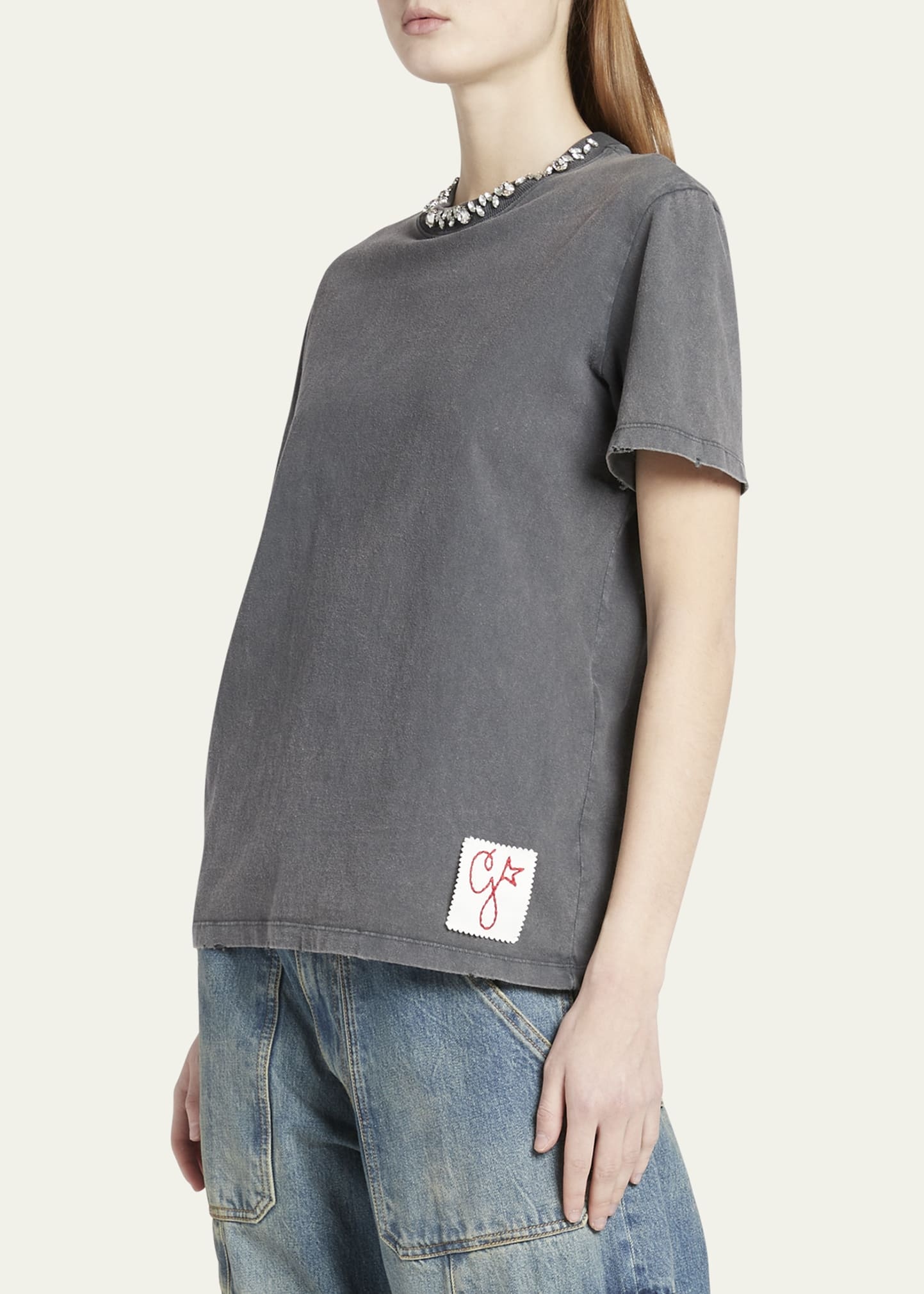 Distressed Crystal Emrboidered Crewneck Tee - 5