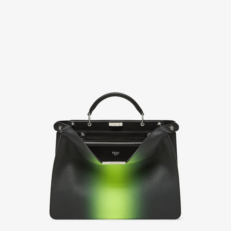 Medium Peekaboo ISeeU bag made of black Cuoio Romano leather with neon yellow gradient shading. The  2