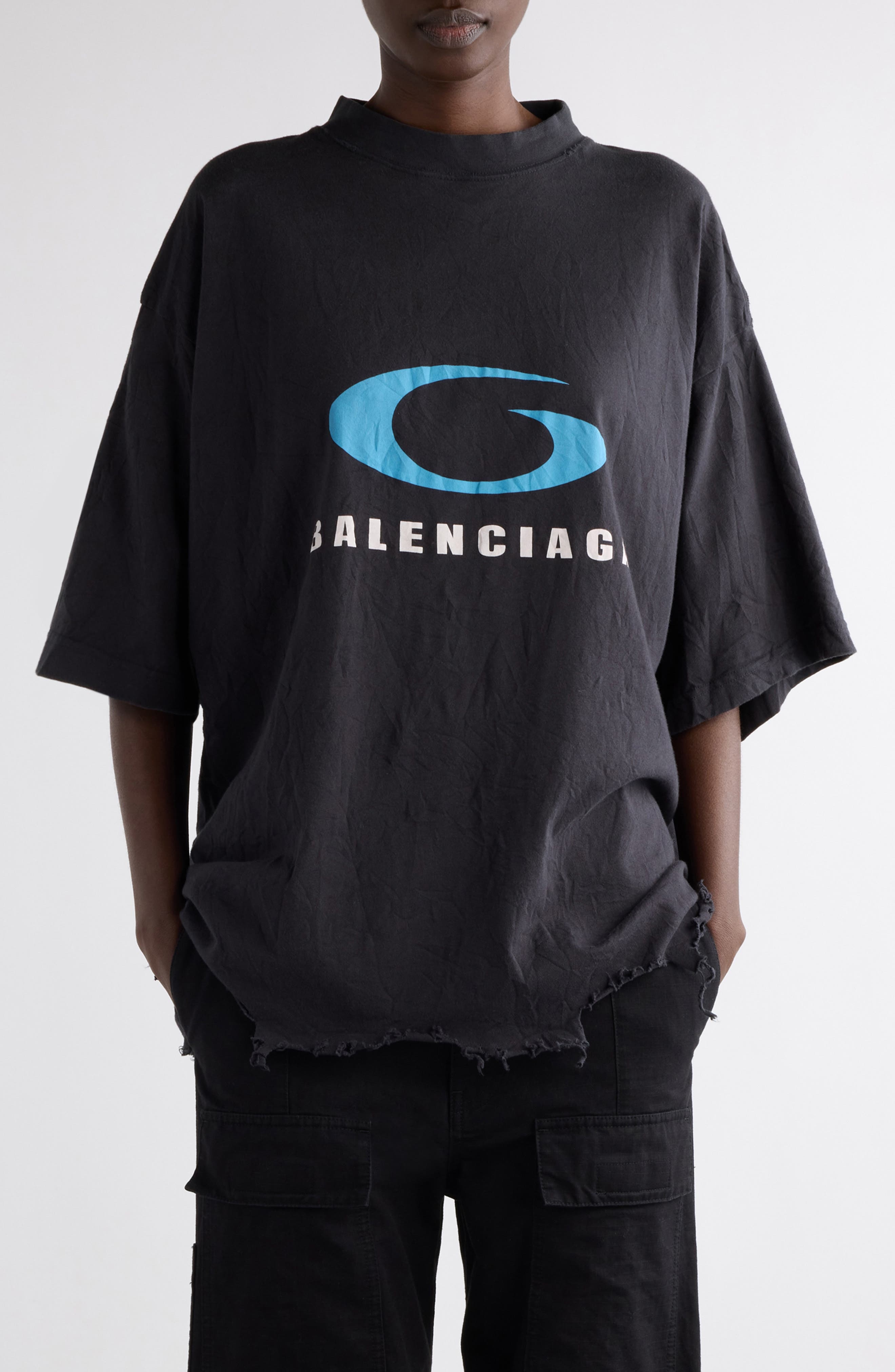 Balenciaga Logo Oversize Distressed Cotton Graphic T-Shirt in Washed Black/Blue at Nordstrom - 1