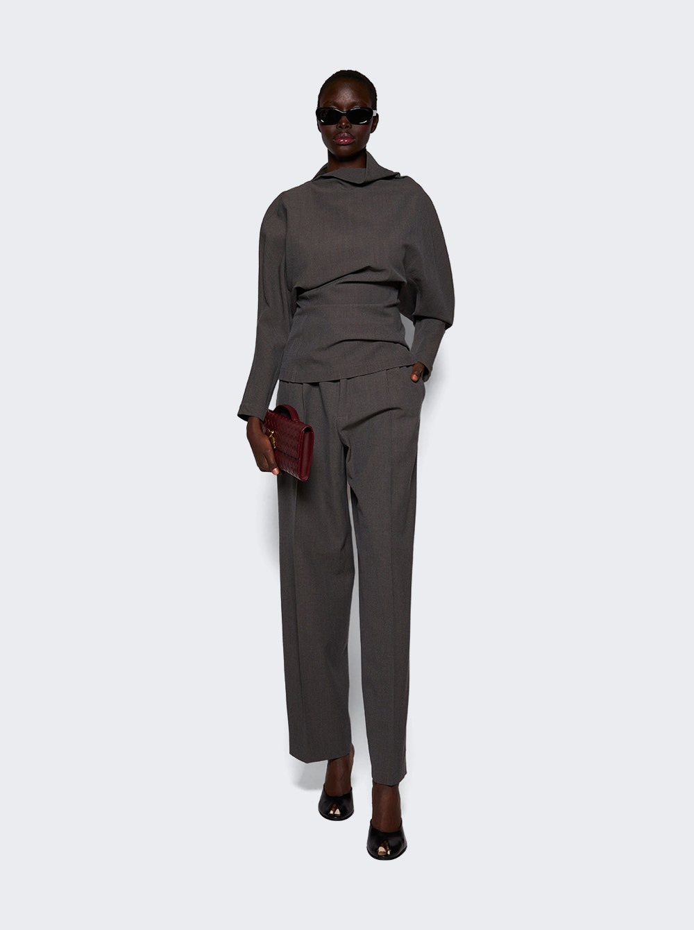 Light Wool Stretch Tricotine Two Pleat Trousers Grey Melange - 2