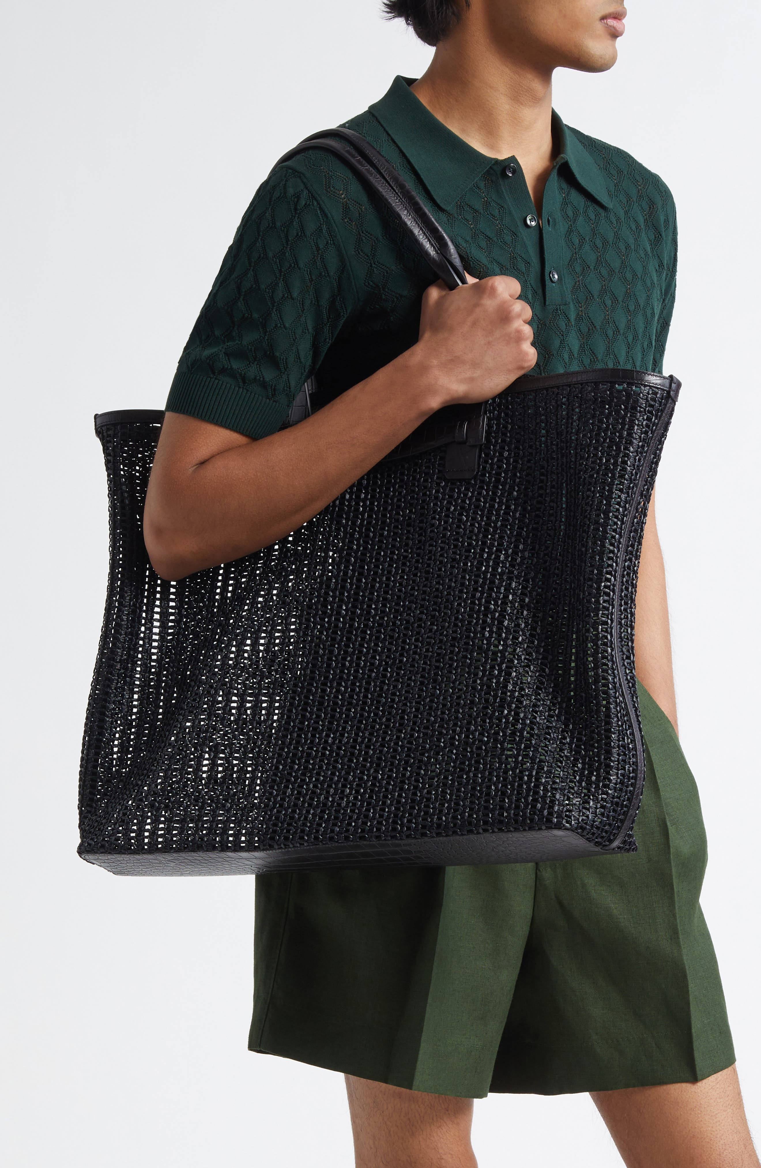 Dolce&Gabbana Adamo Woven Mesh & Leather Shopper in Black/Black at Nordstrom - 2