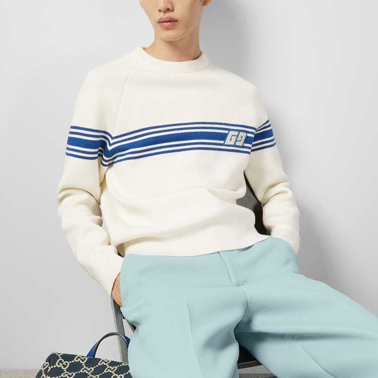 Gucci Knit Wool Sweater With Square GG 'Ivory Blue' 763398-XKDO1-9174 - 3