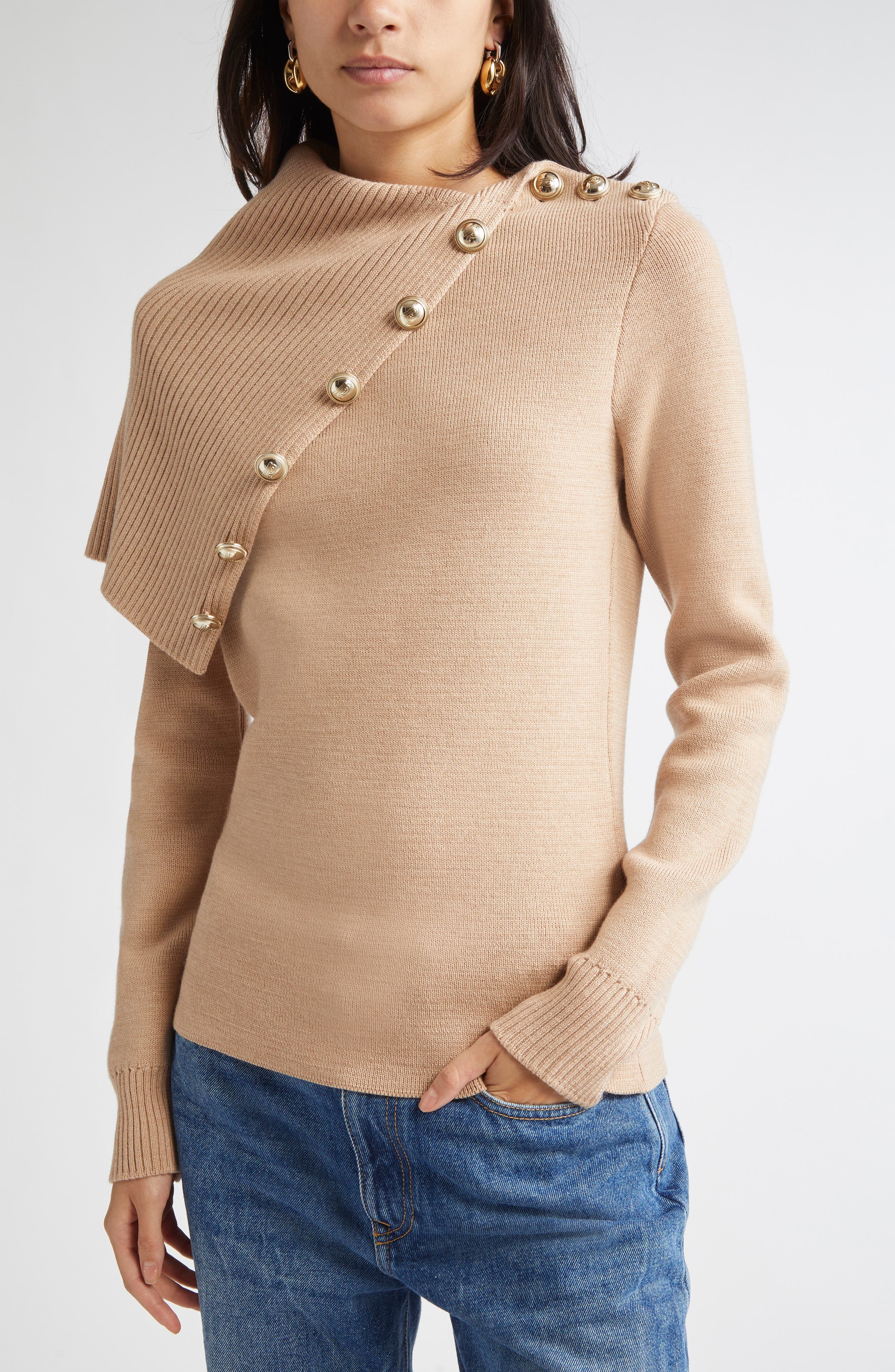 Rabanne Drape Shoulder Merino Wool Sweater in Beige at Nordstrom - 4