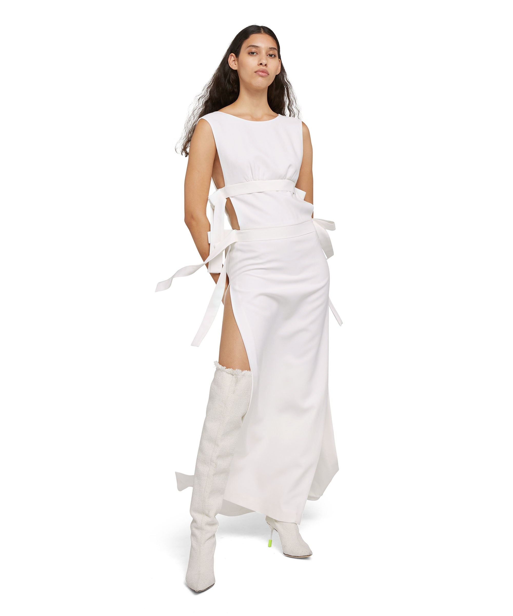 Viscose long dress with wide slit and bows - 1