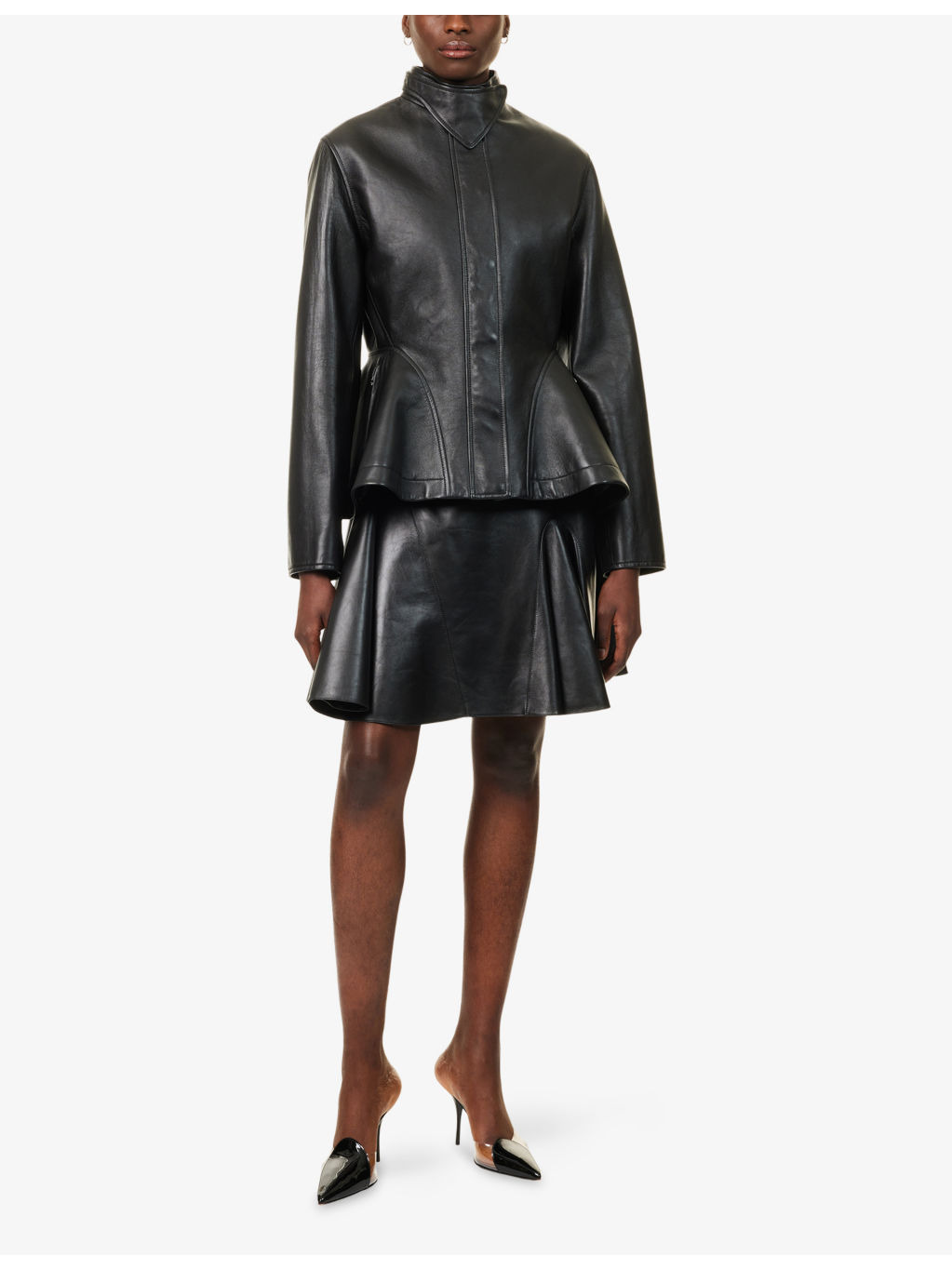 Peplum Band-Collar Leather Jacket - 2