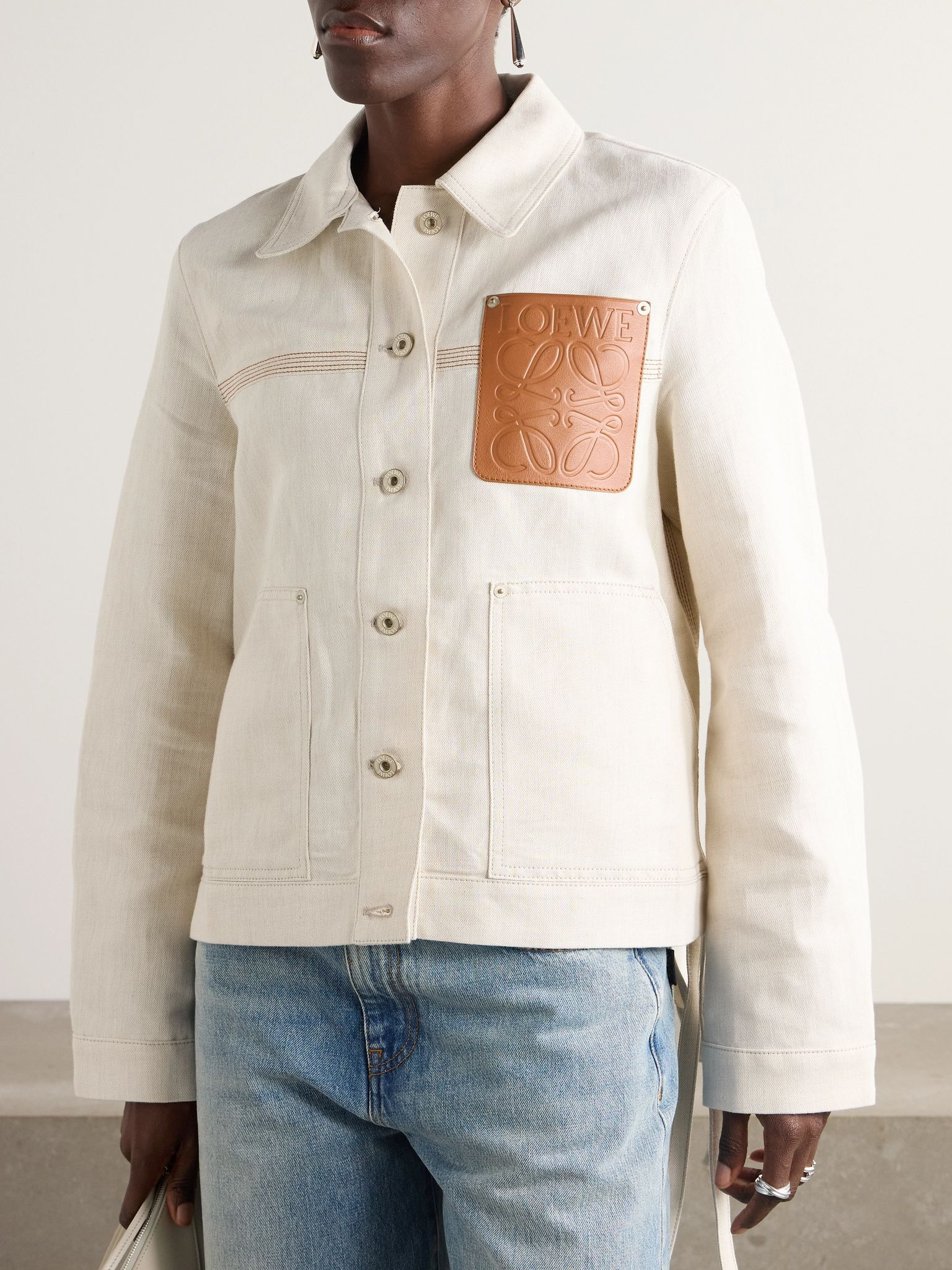 Asymmetric leather-trimmed cotton and linen-blend drill jacket Cream - 3