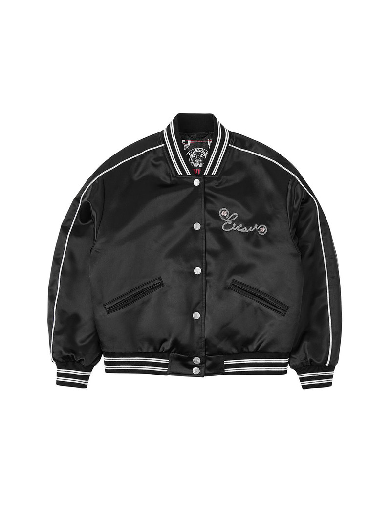 Logo and Fuzzy Cat Embroidery Fashion Fit Varsity Jacket - 1