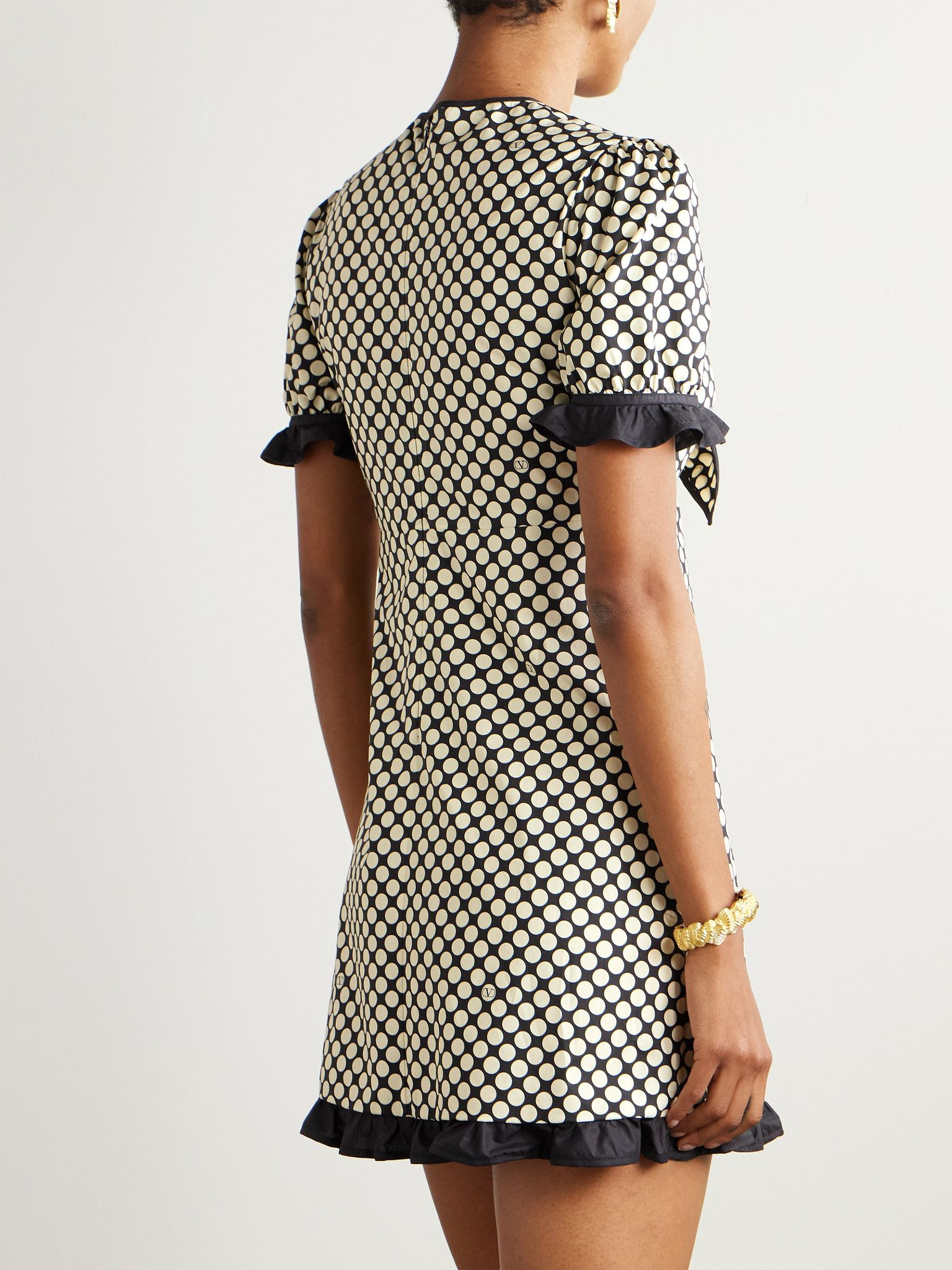 Bow-detailed ruffled polka-dot cotton-poplin mini dress Black - 3