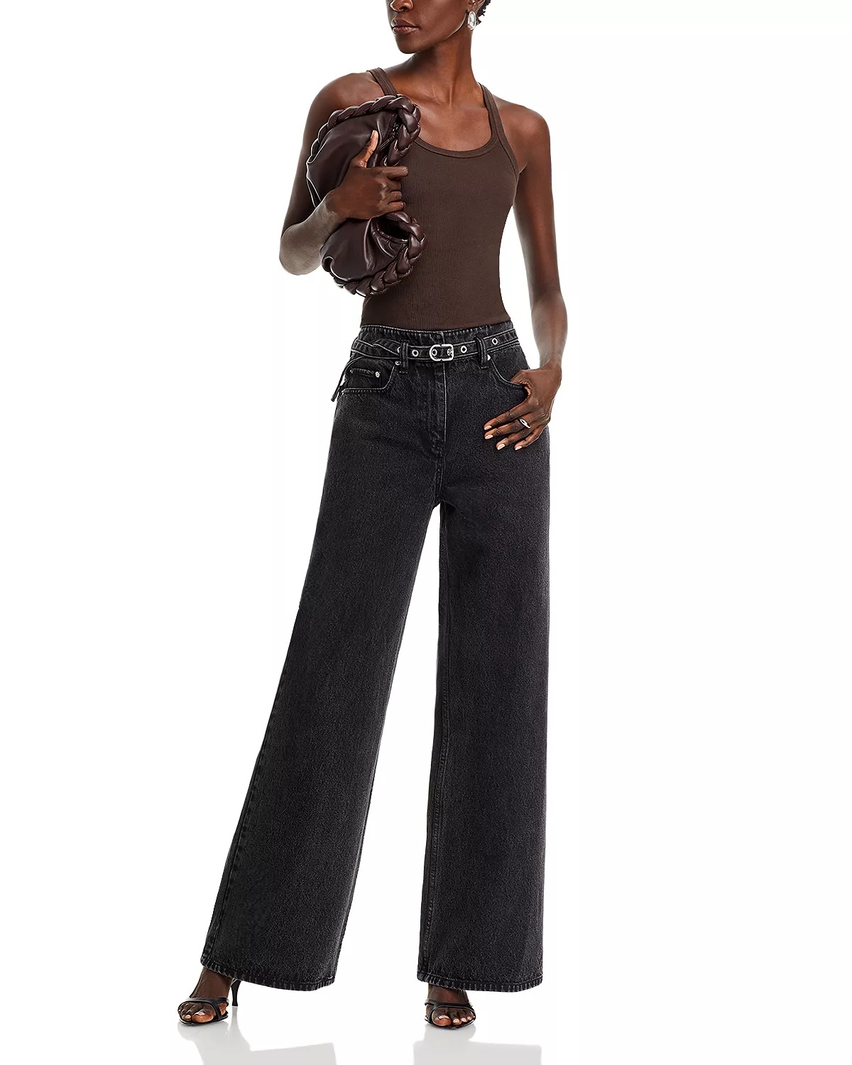 Belted Wide Leg Jeans In Washed Black - 2