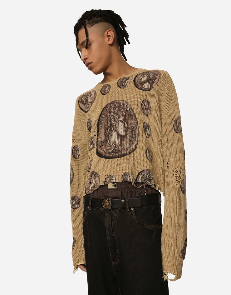 Coin print crew neck linen sweater - 4